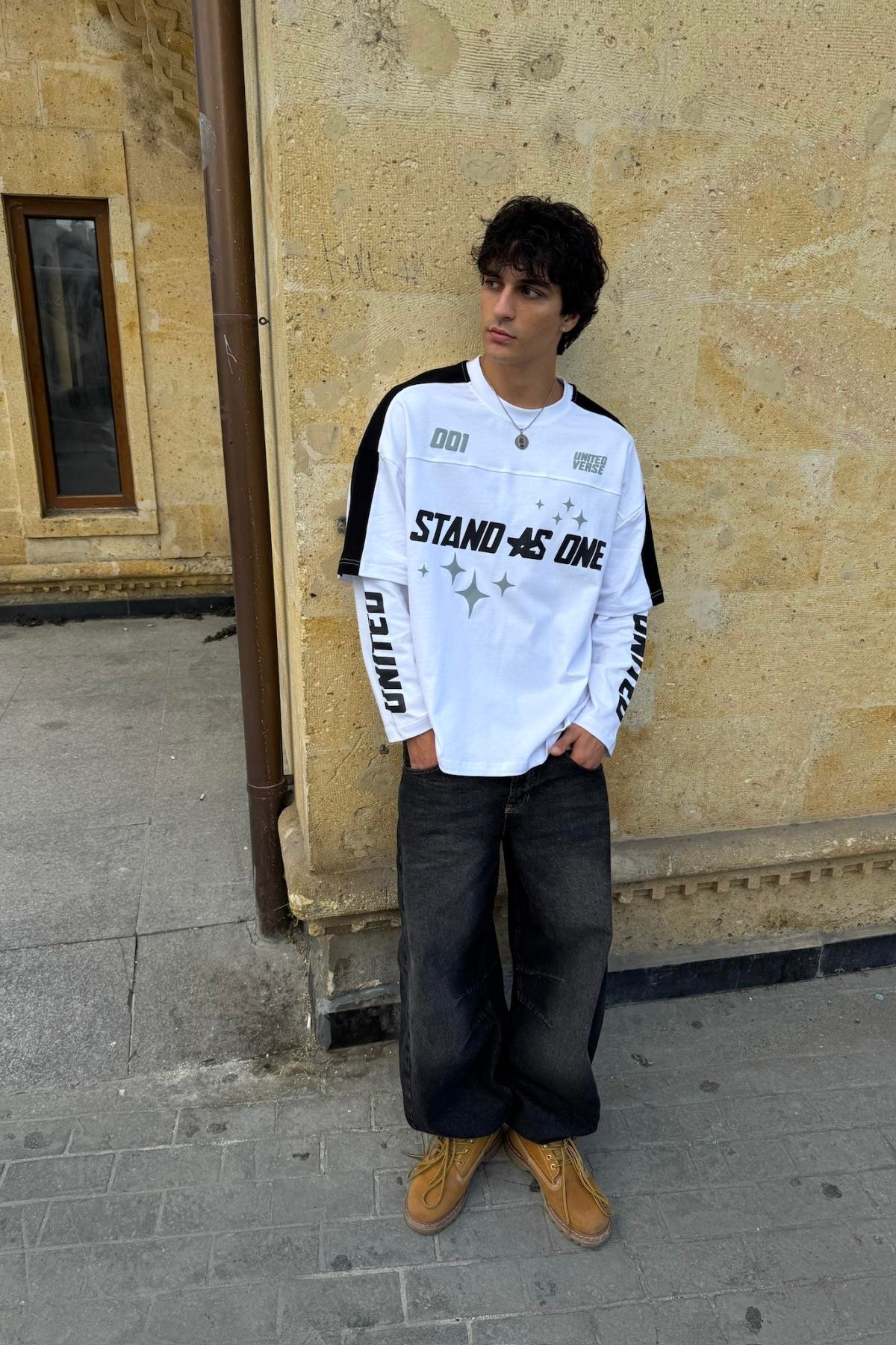 Stand Baskılı Beyaz Oversize Sweatshirt JC01