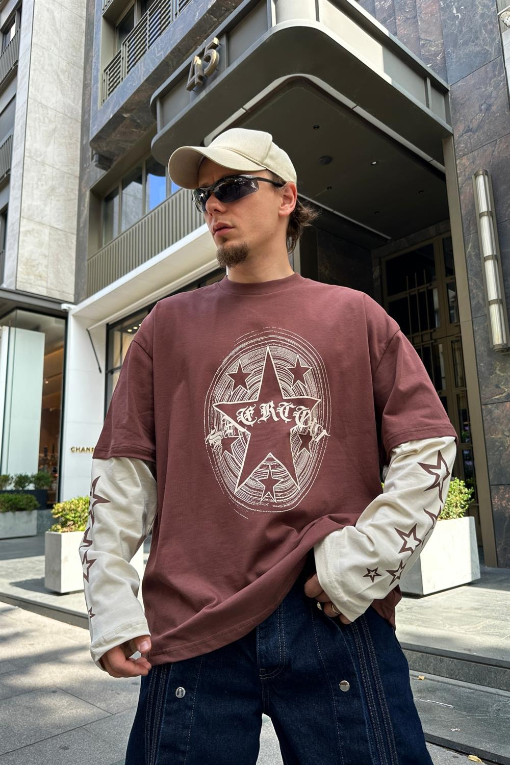 Star Baskılı Kahve Sleeved Oversize Sweatshirt SW912