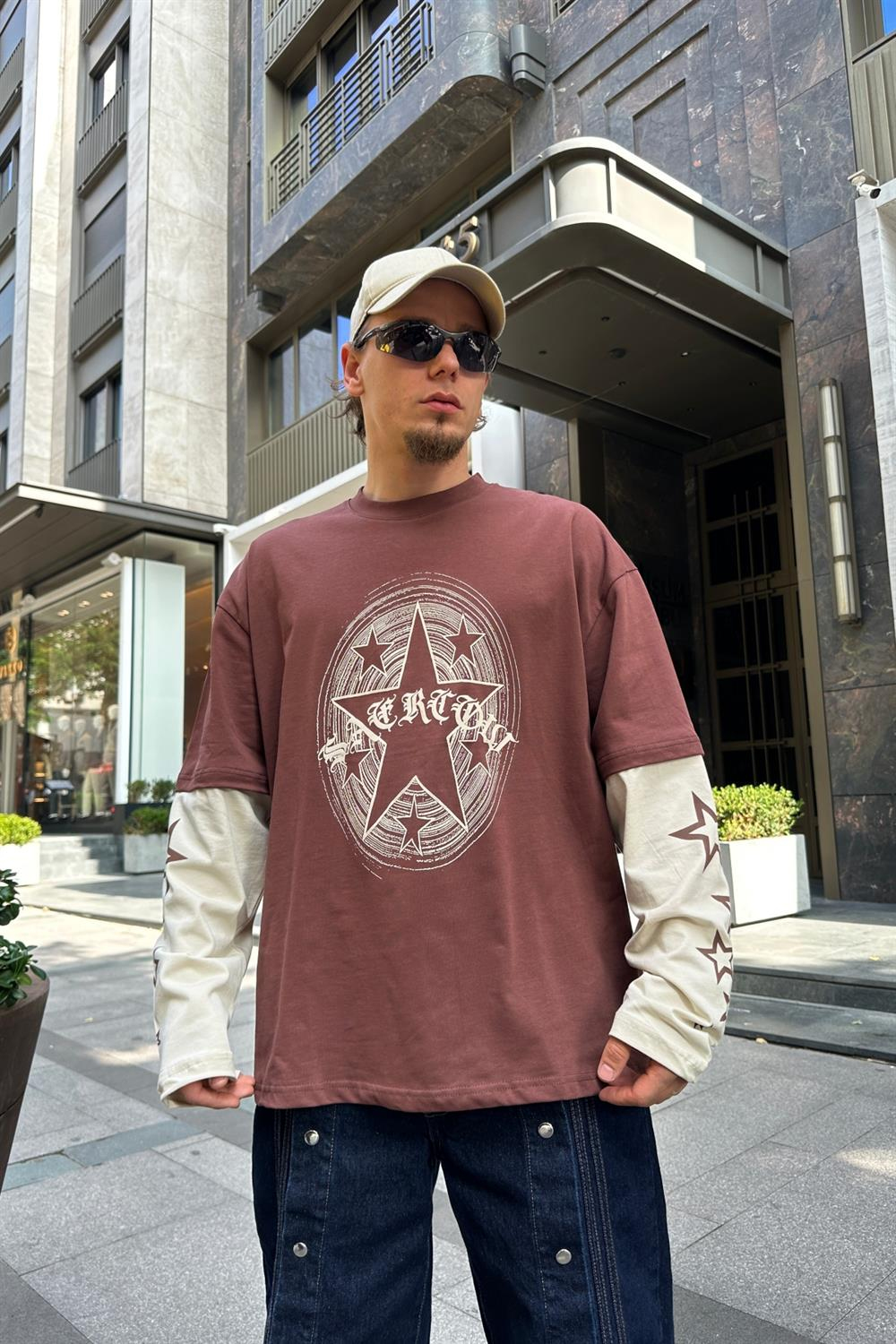 Star Baskılı Kahve Sleeved Oversize Sweatshirt SW912