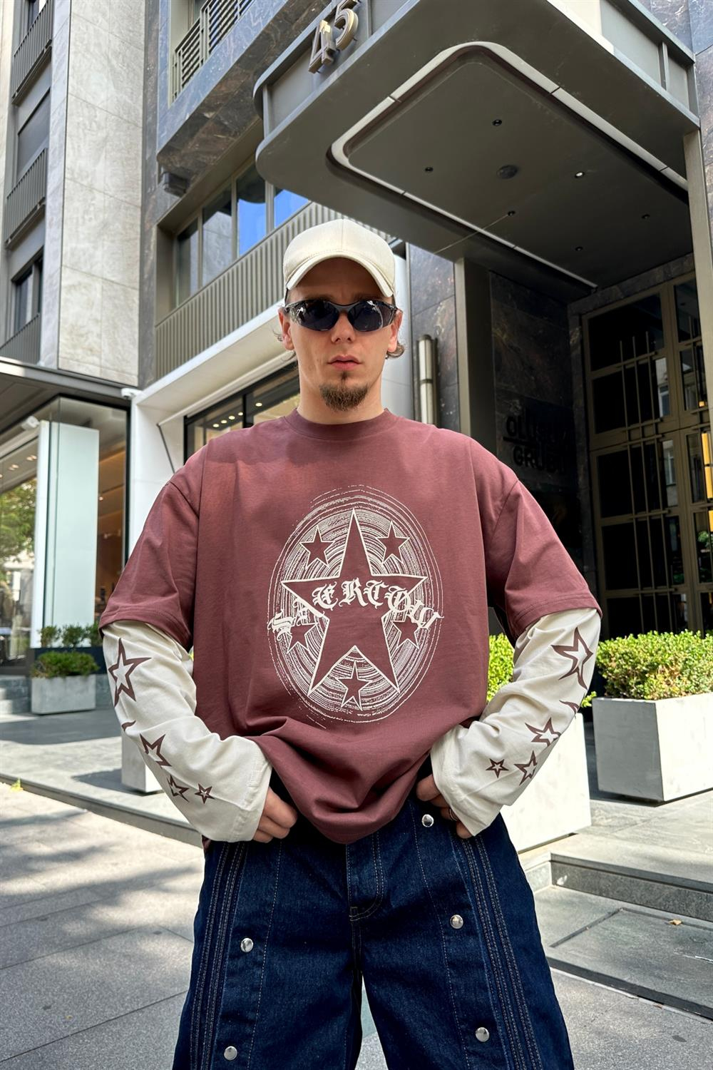 Star Baskılı Kahve Sleeved Oversize Sweatshirt SW912