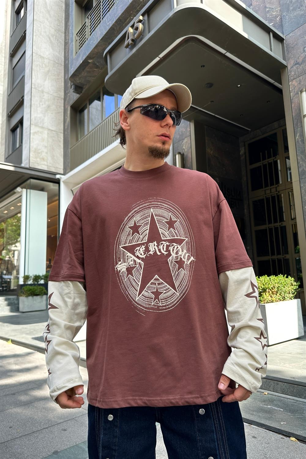 Star Baskılı Kahve Sleeved Oversize Sweatshirt SW912