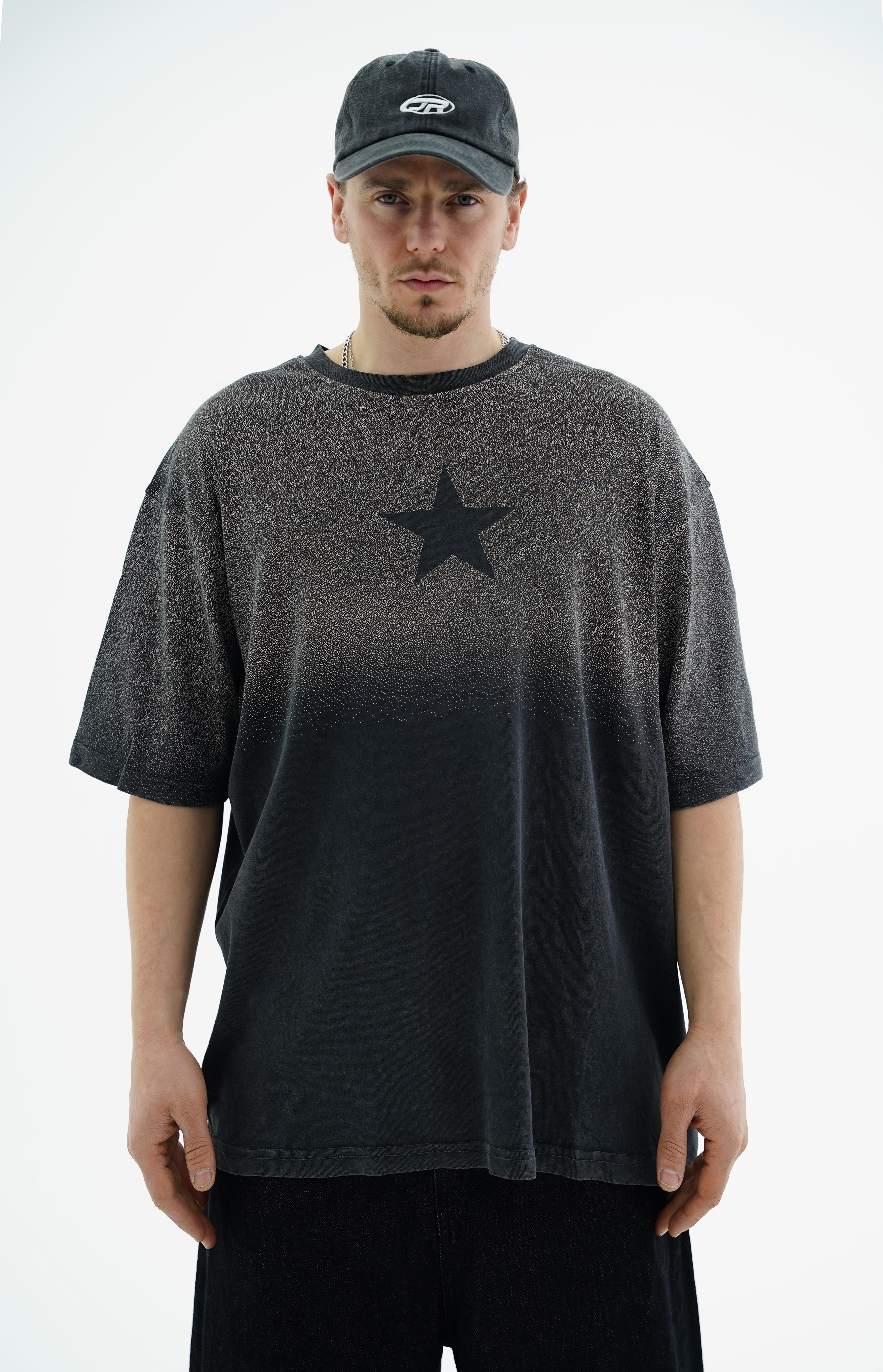 Star Baskılı Yıkama Efektli Siyah Oversize Tshirt CT01 25CY082