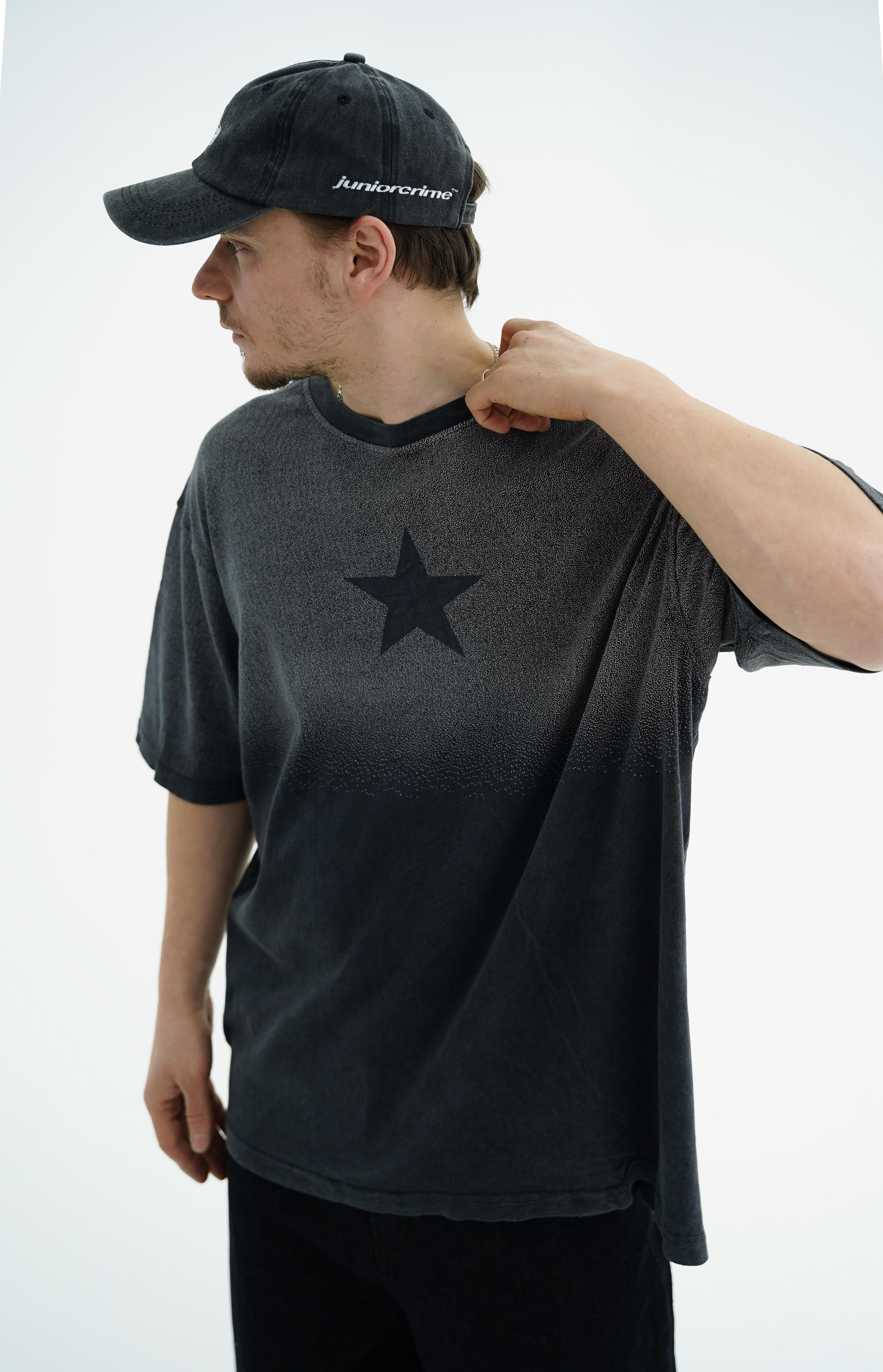 Star Baskılı Yıkama Efektli Siyah Oversize Tshirt CT01 25CY082