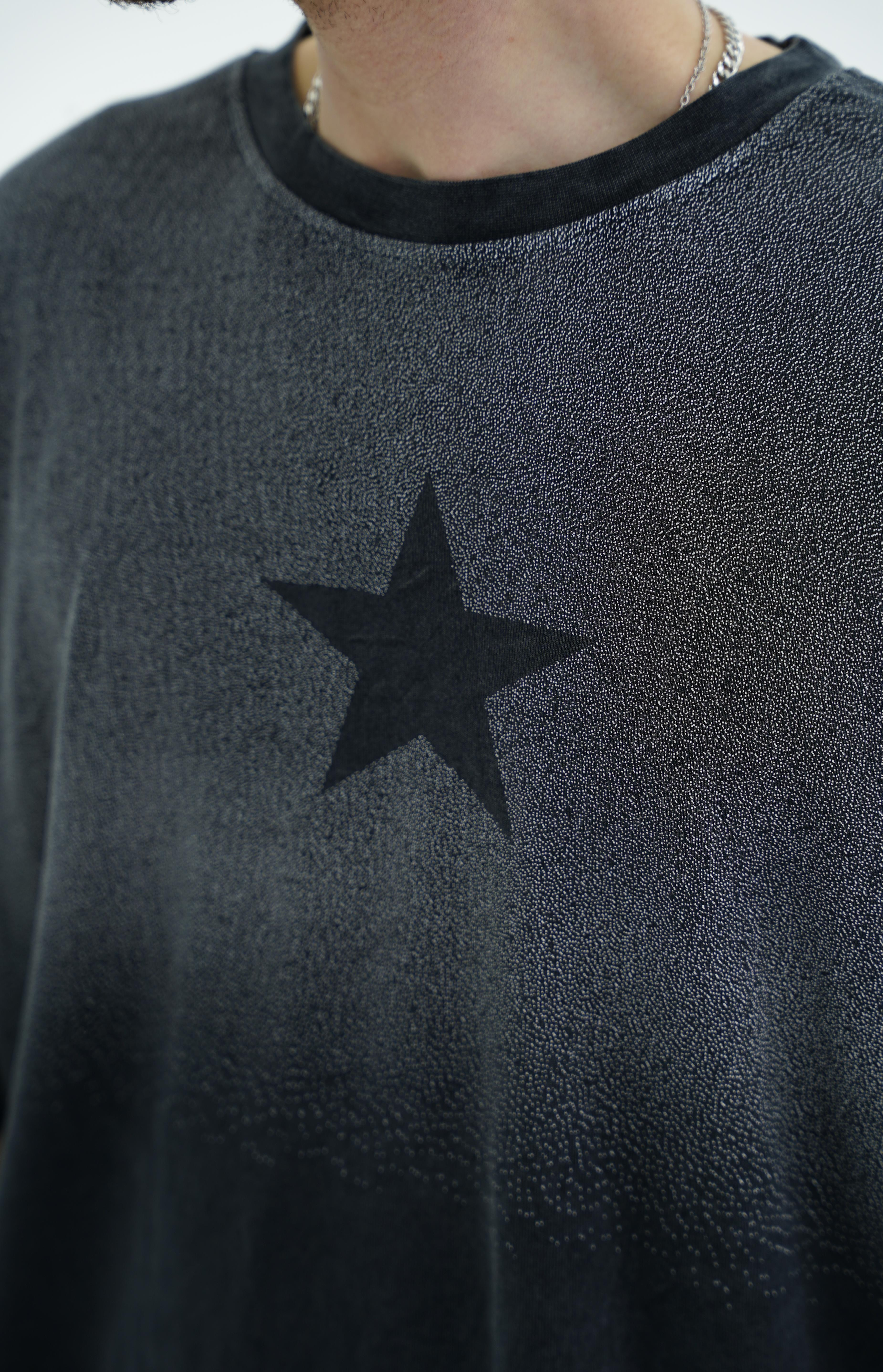 Star Baskılı Yıkama Efektli Siyah Oversize Tshirt CT01 25CY082