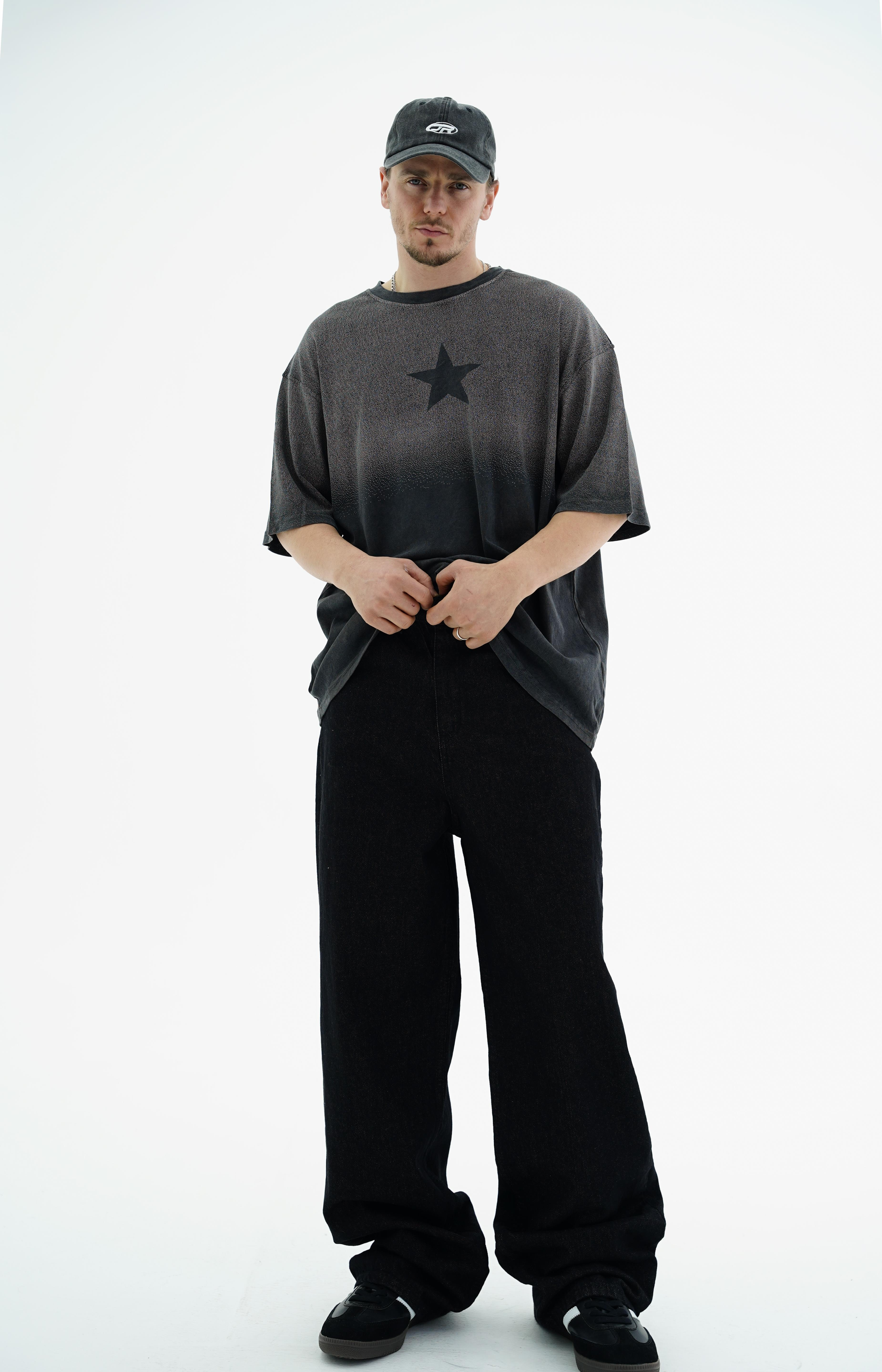 Star Baskılı Yıkama Efektli Siyah Oversize Tshirt CT01 25CY082