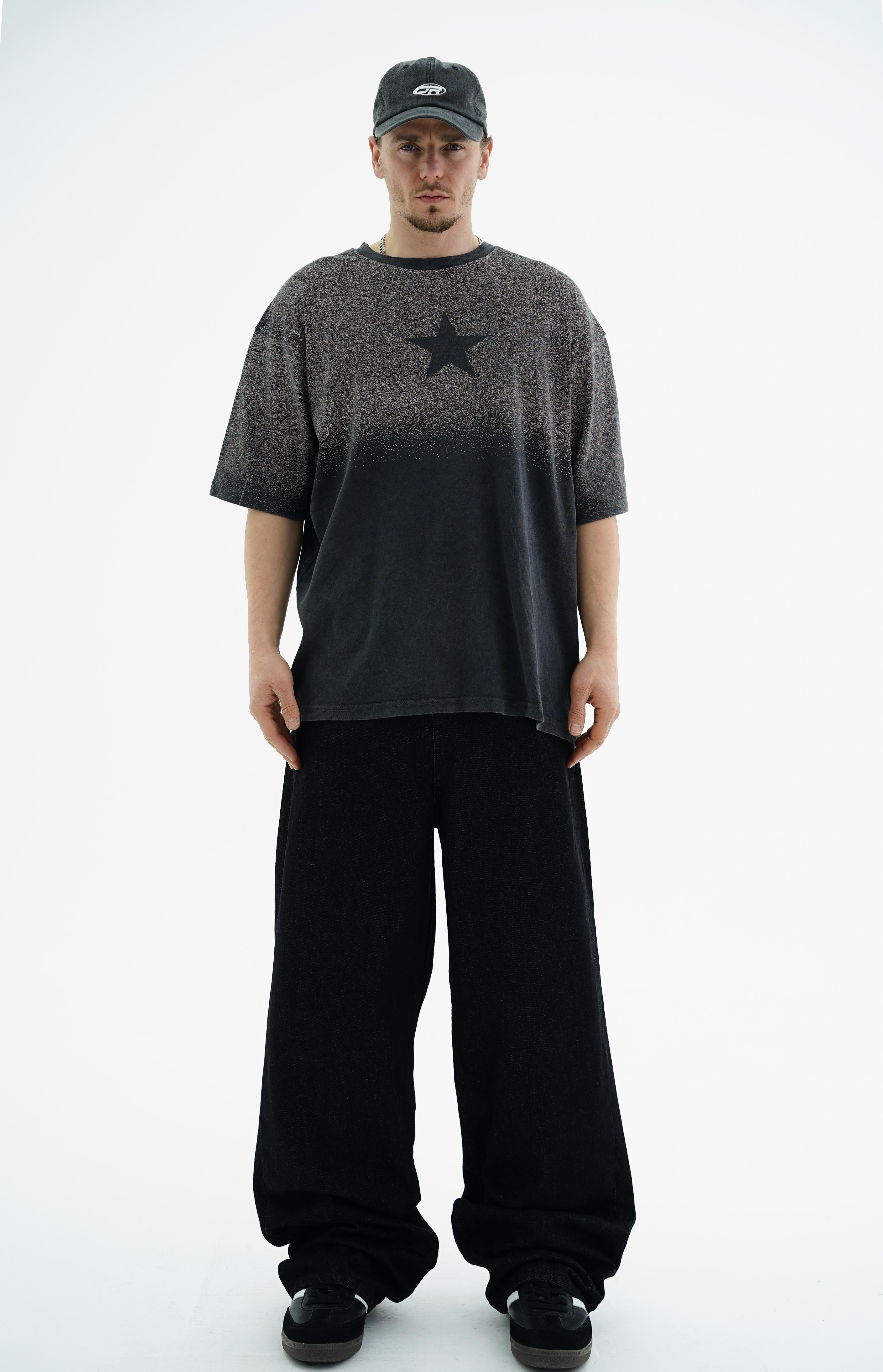 Star Baskılı Yıkama Efektli Siyah Oversize Tshirt CT01 25CY082