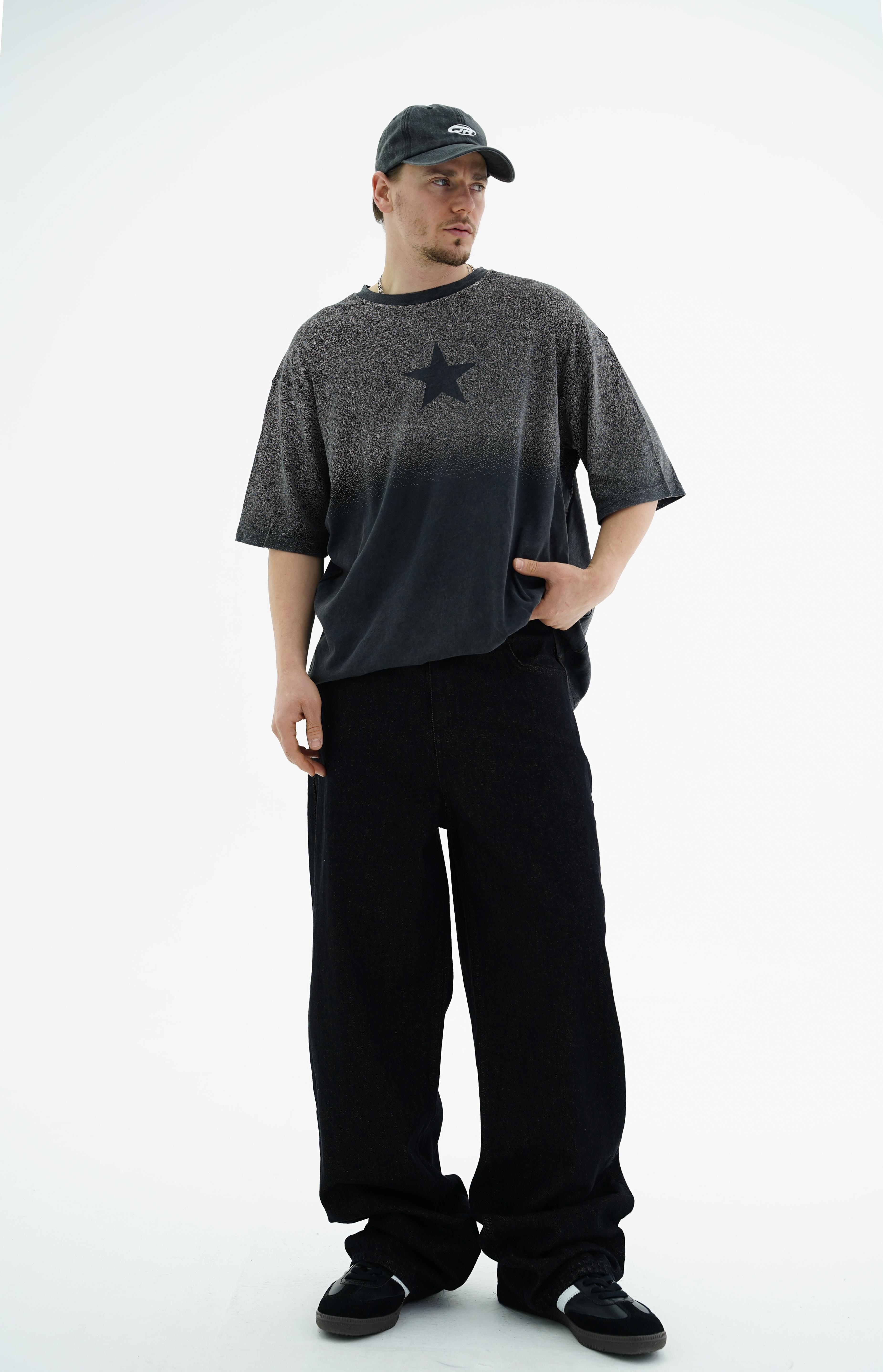 Star Baskılı Yıkama Efektli Siyah Oversize Tshirt CT01 25CY082