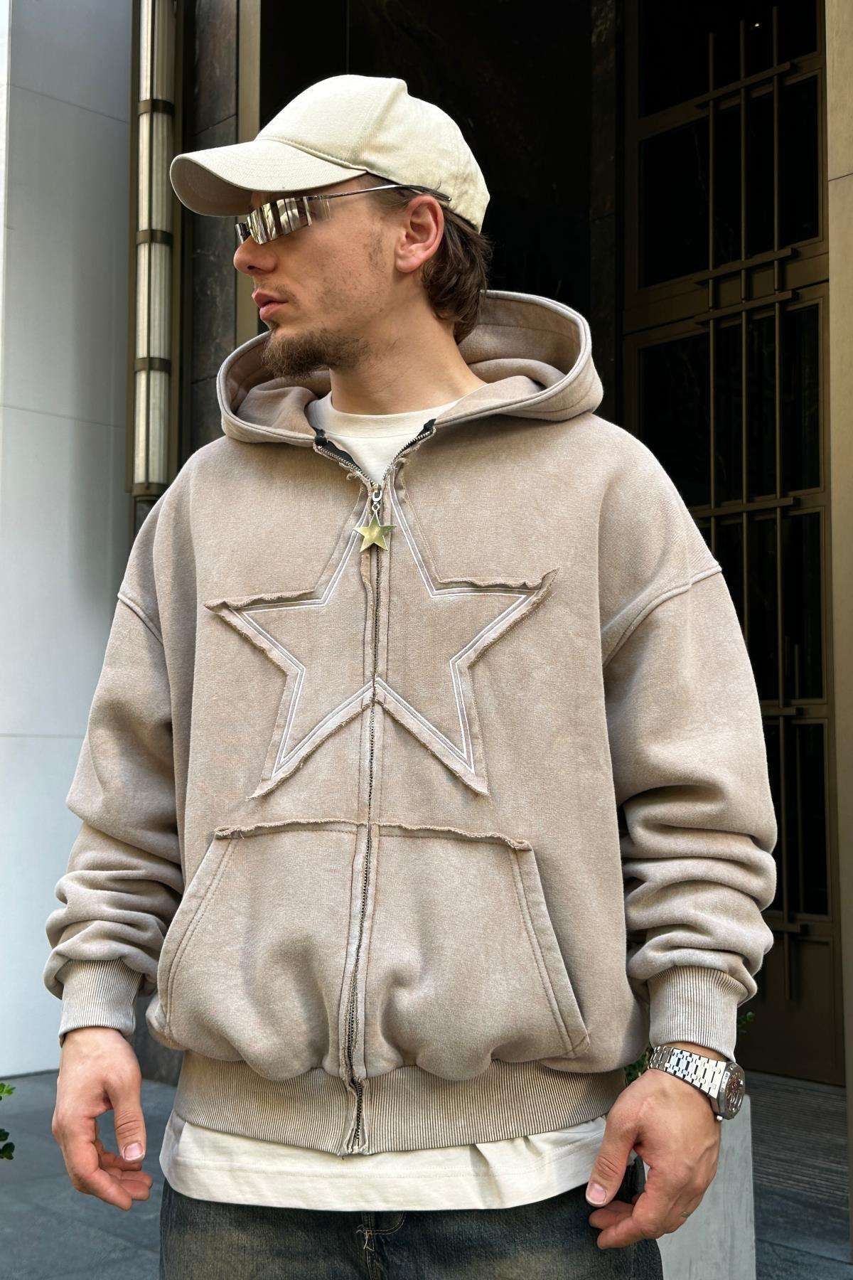 Star Patch Acid Wash Açık Krem Oversize Sweatshirt SW982