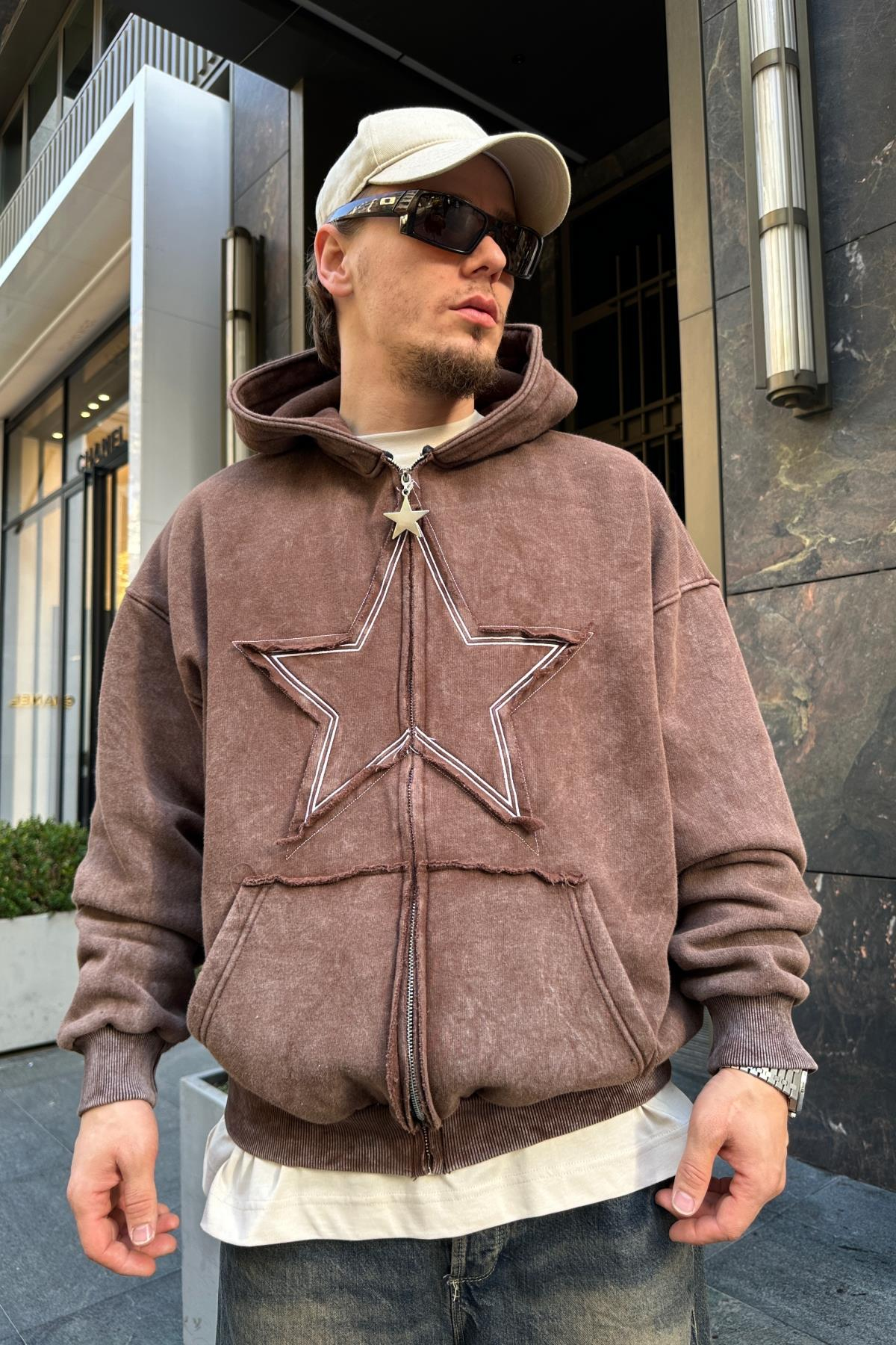 Star Patch Acid Wash Kahve Oversize Sweatshirt SW975