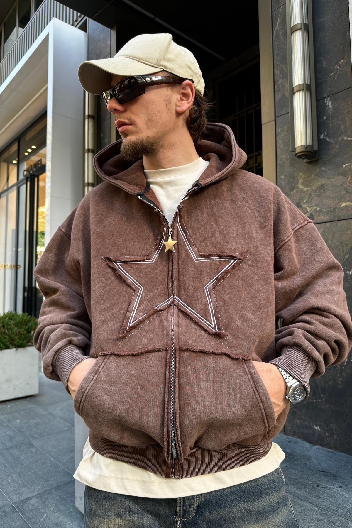 Star Patch Acid Wash Kahve Oversize Sweatshirt SW975