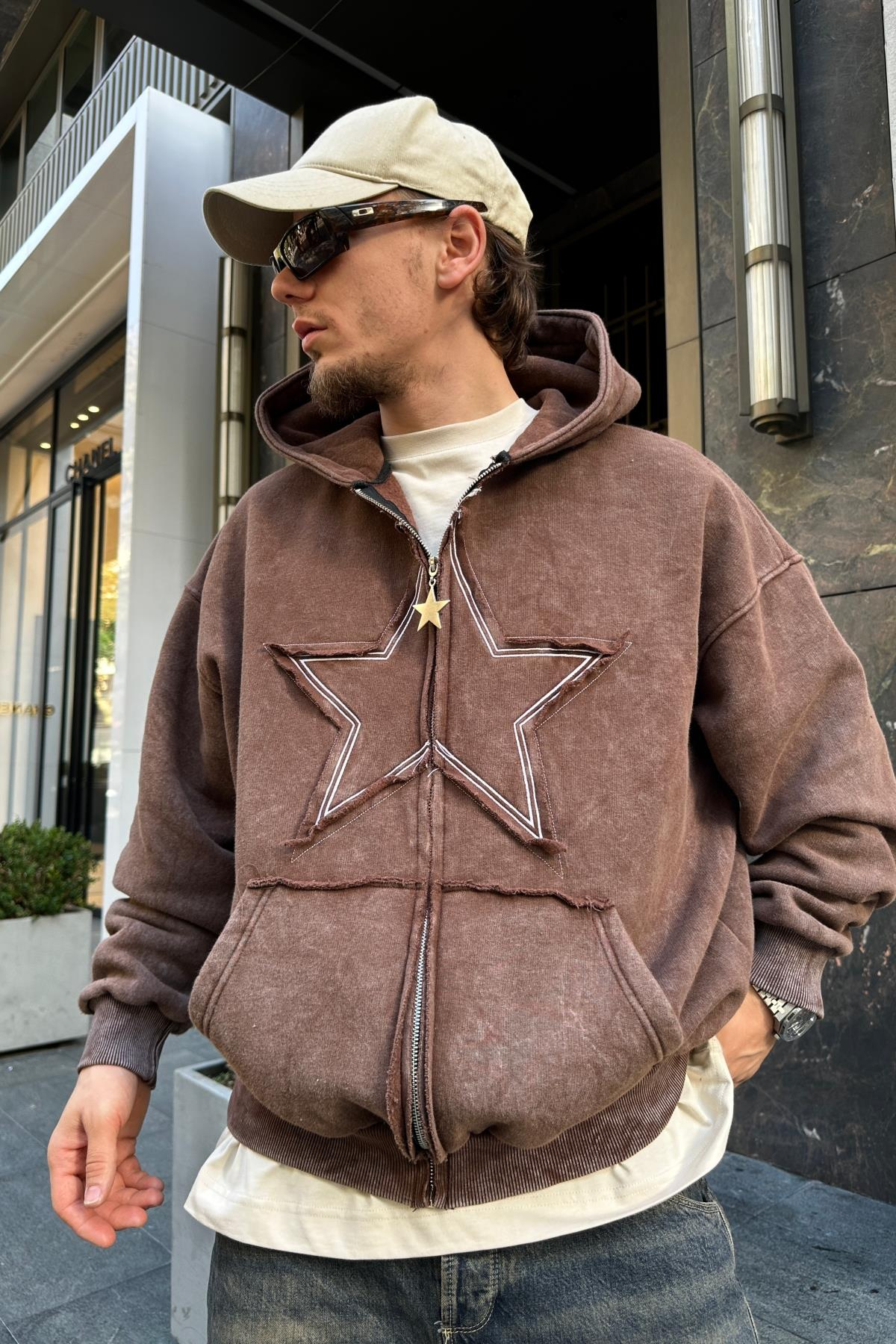 Star Patch Acid Wash Kahve Oversize Sweatshirt SW975