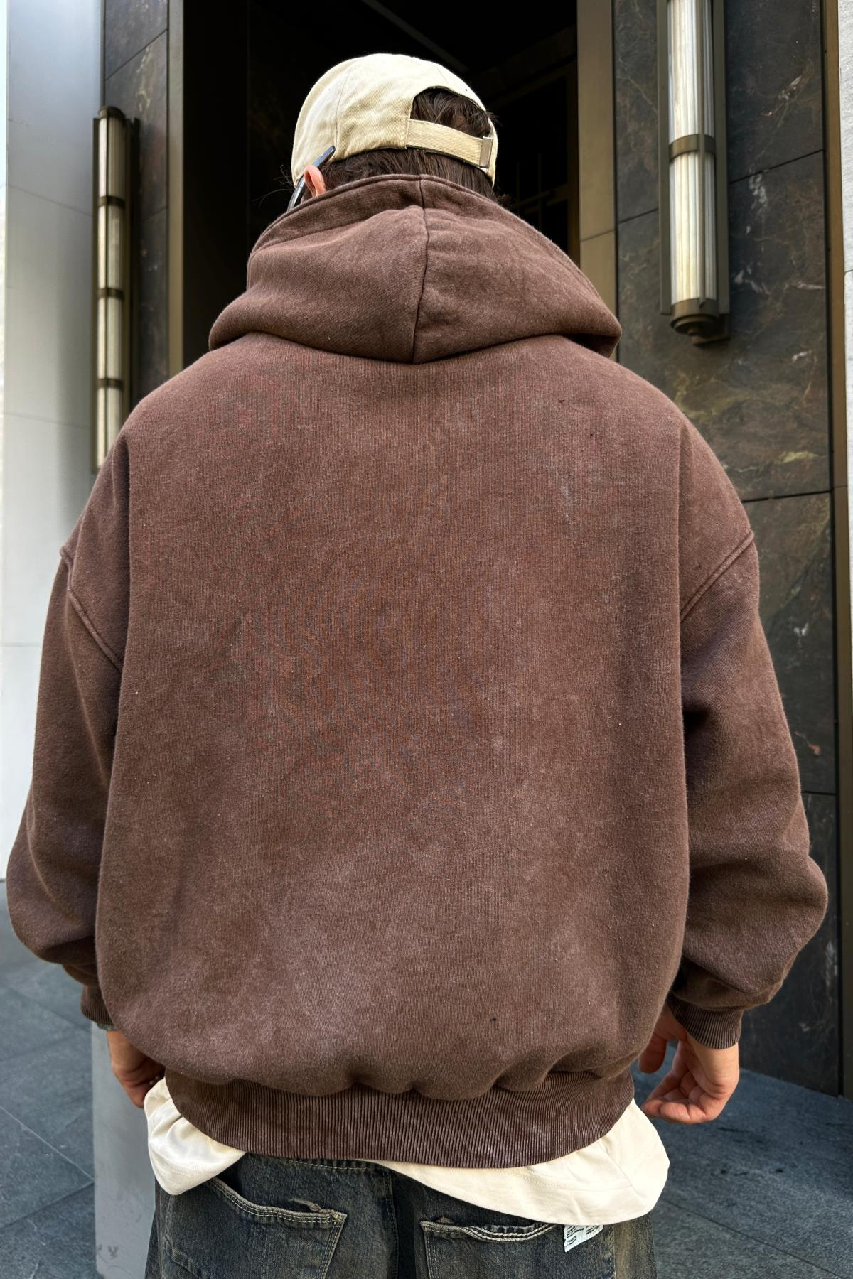 Star Patch Acid Wash Kahve Oversize Sweatshirt SW975