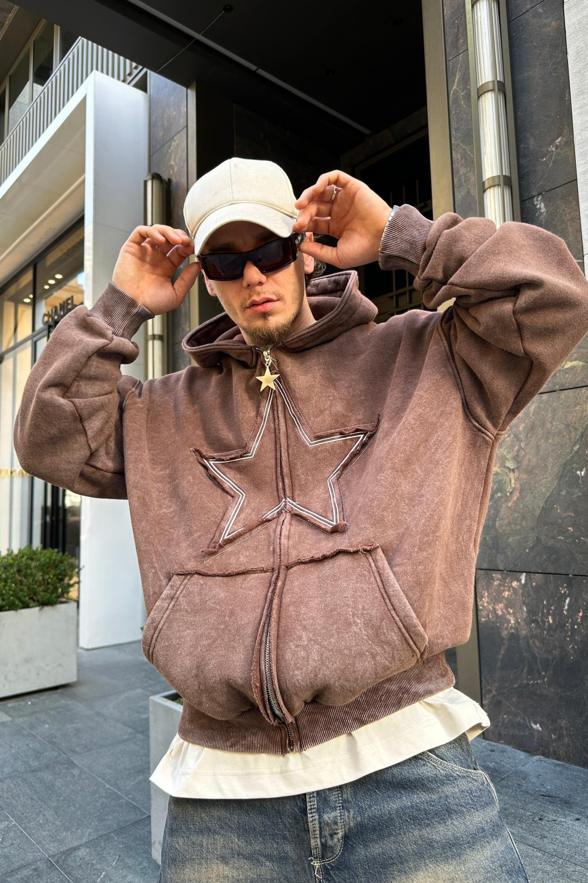 Star Patch Acid Wash Kahve Oversize Sweatshirt SW975