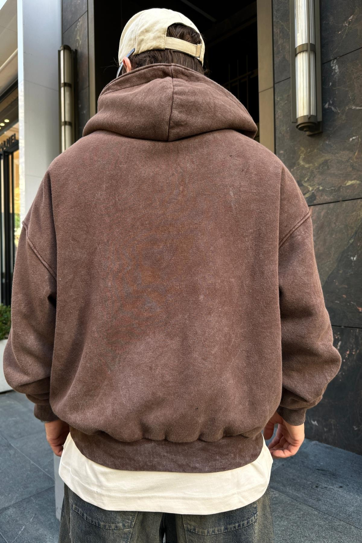 Star Patch Acid Wash Kahve Oversize Sweatshirt SW975