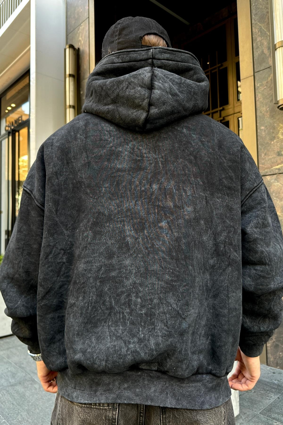 Star Patch Acid Wash Siyah Oversize Sweatshirt SW977