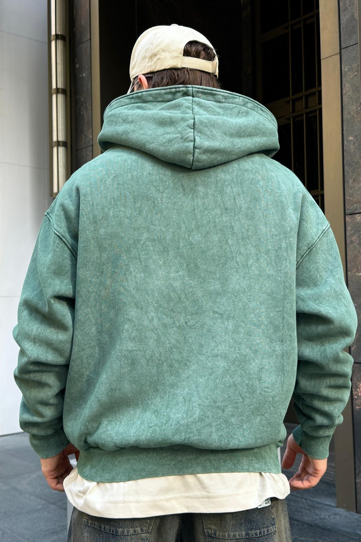 Star Patch Acid Wash Yeşil Oversize Sweatshirt SW976
