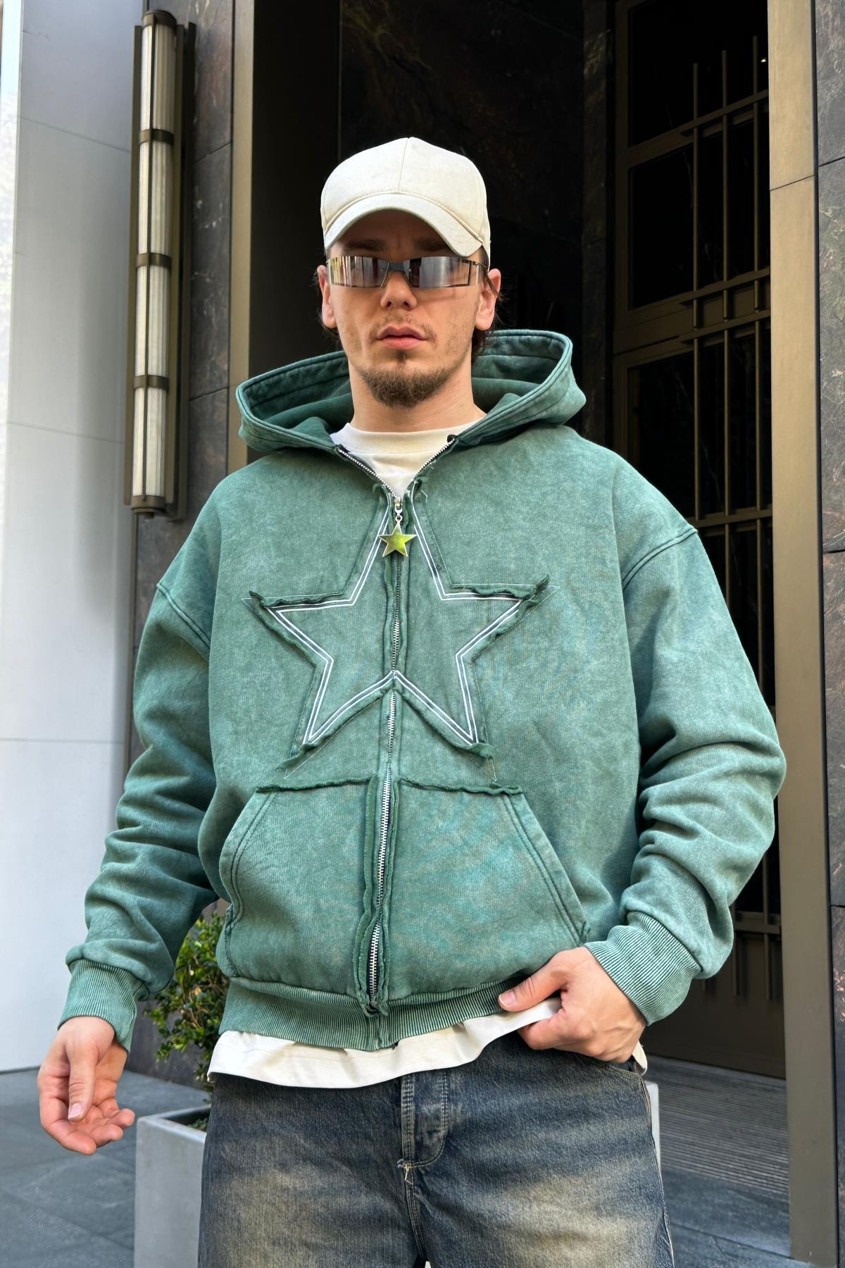 Star Patch Acid Wash Yeşil Oversize Sweatshirt SW976