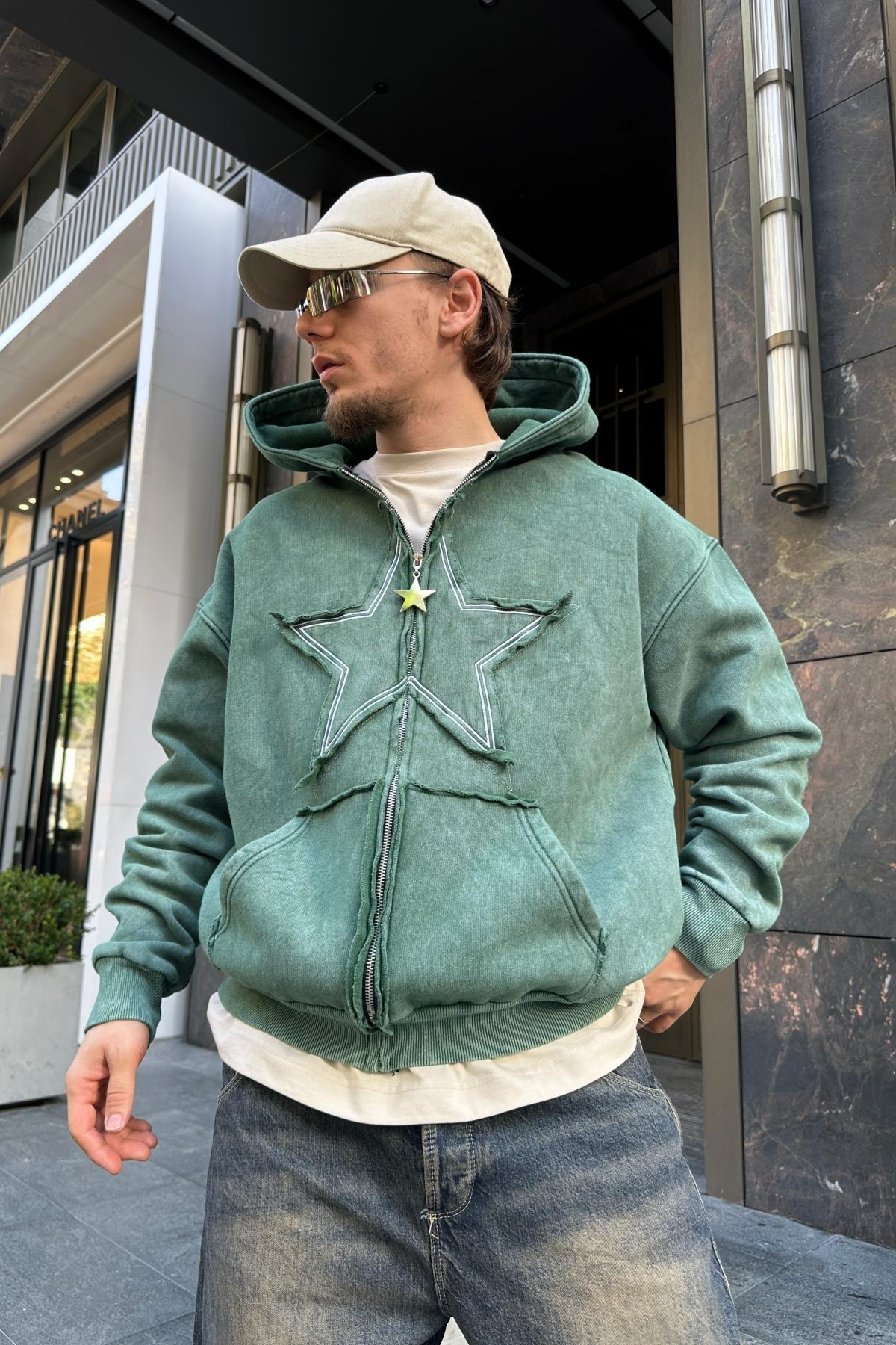 Star Patch Acid Wash Yeşil Oversize Sweatshirt SW976