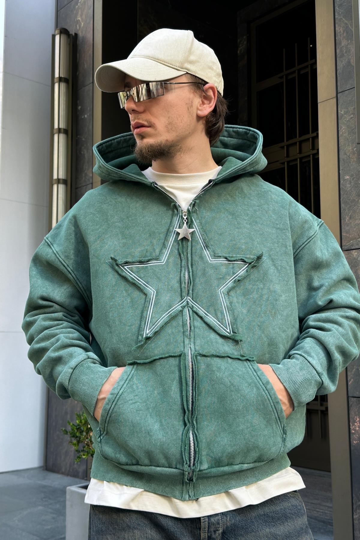 Star Patch Acid Wash Yeşil Oversize Sweatshirt SW976