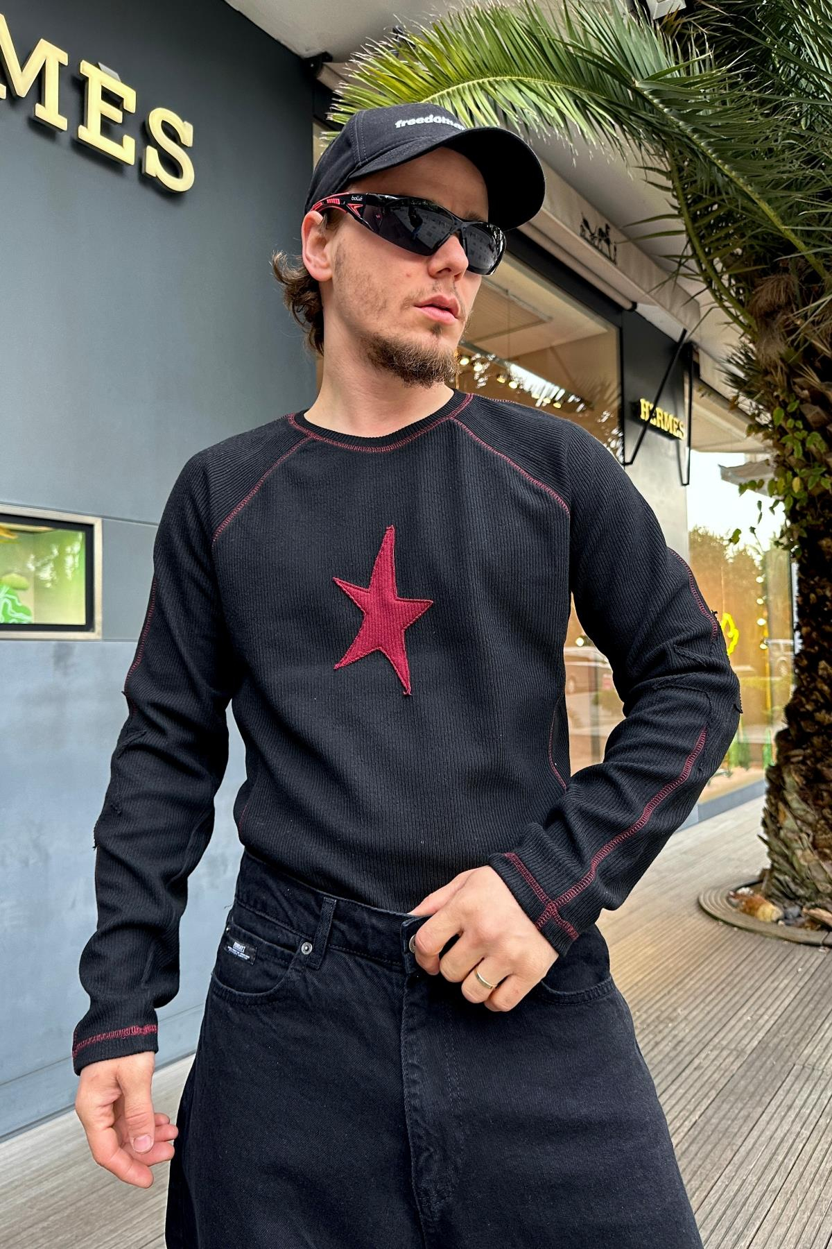 Star Patch Detay Siyah Fit Sweatshirt SW1002