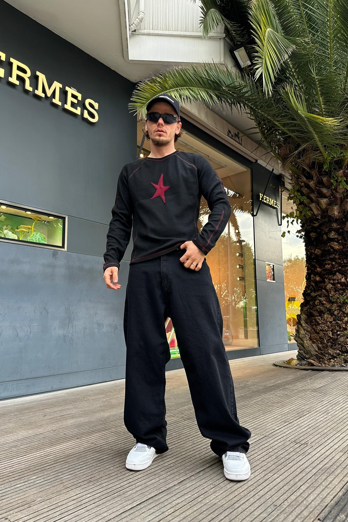 Star Patch Detay Siyah Fit Sweatshirt SW1002