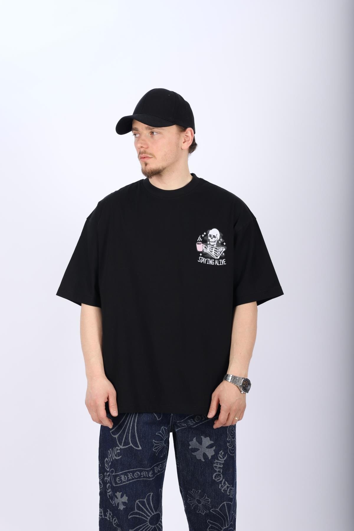 Stayin Alive Siyah Oversize Tshirt T1006