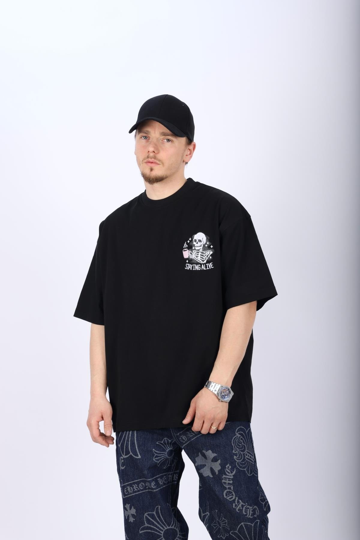 Stayin Alive Siyah Oversize Tshirt T1006