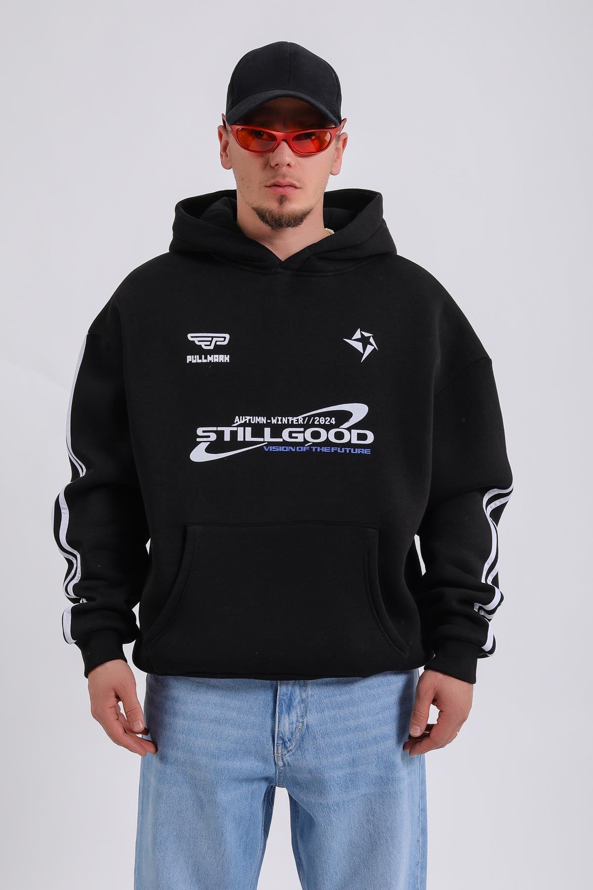 Stillgood Baskılı Şeritli Racing Siyah Oversize Hoodie SW1177