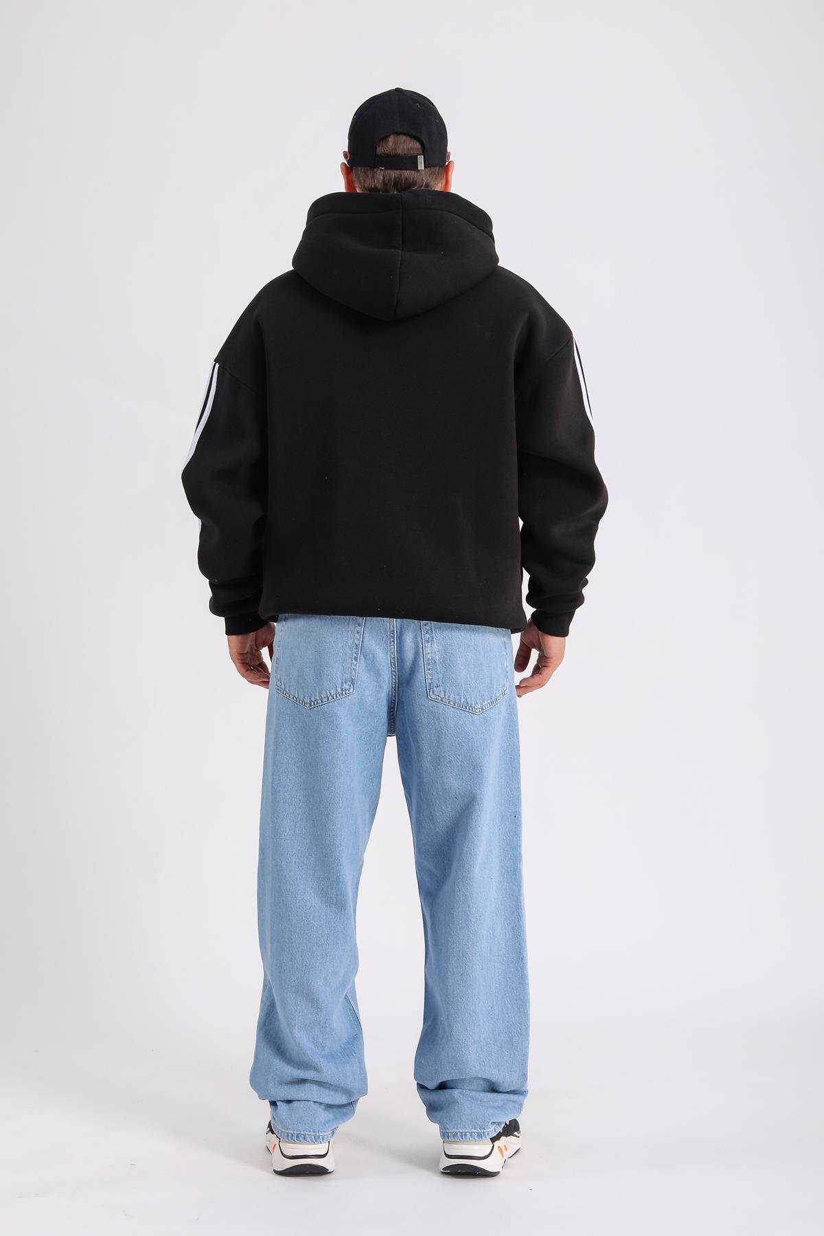 Stillgood Baskılı Şeritli Racing Siyah Oversize Hoodie SW1177