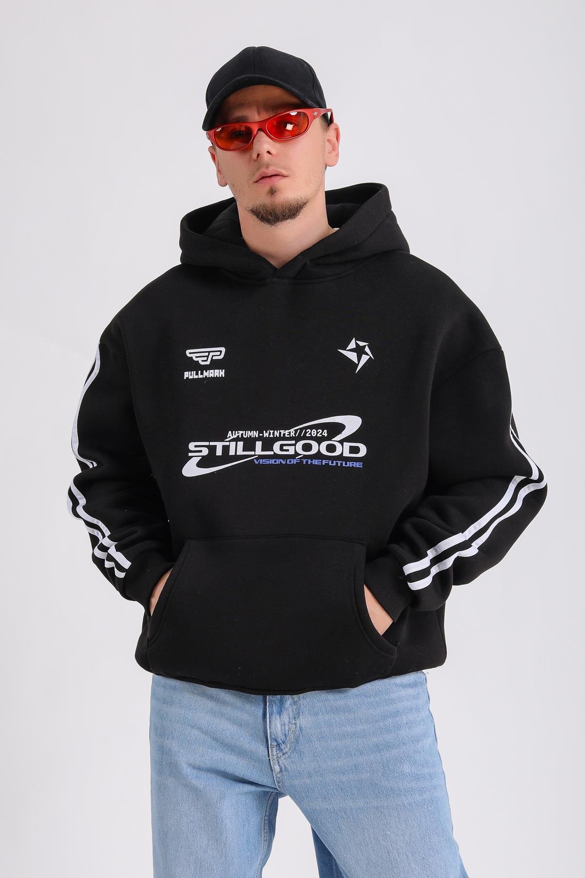 Stillgood Baskılı Şeritli Racing Siyah Oversize Hoodie SW1177