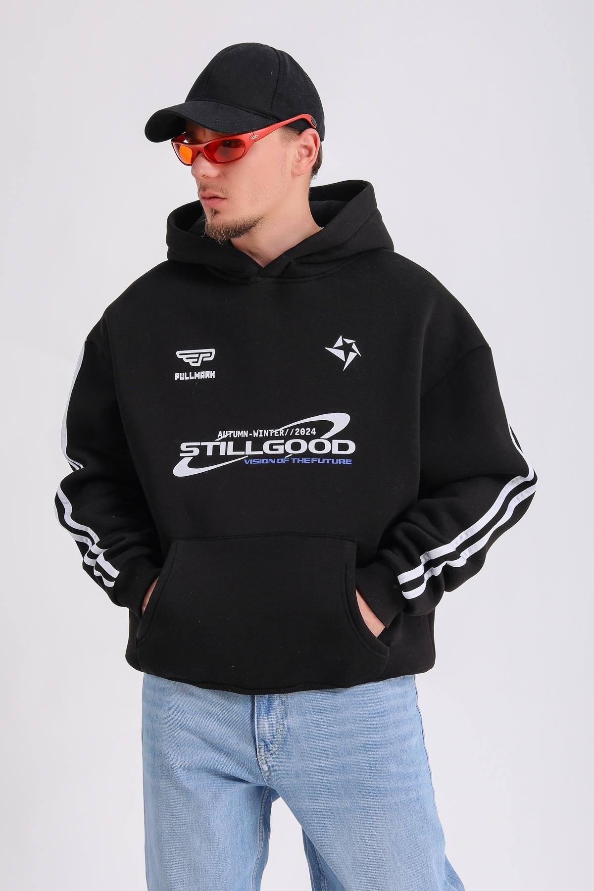 Stillgood Baskılı Şeritli Racing Siyah Oversize Hoodie SW1177