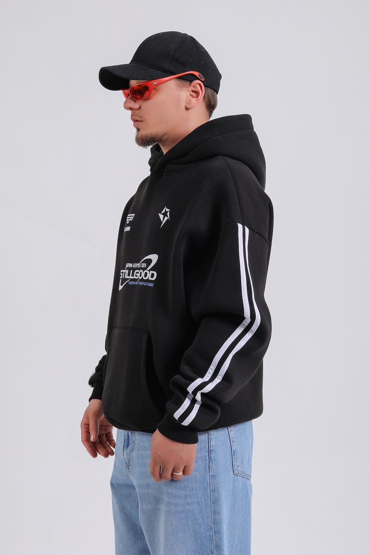 Stillgood Baskılı Şeritli Racing Siyah Oversize Hoodie SW1177