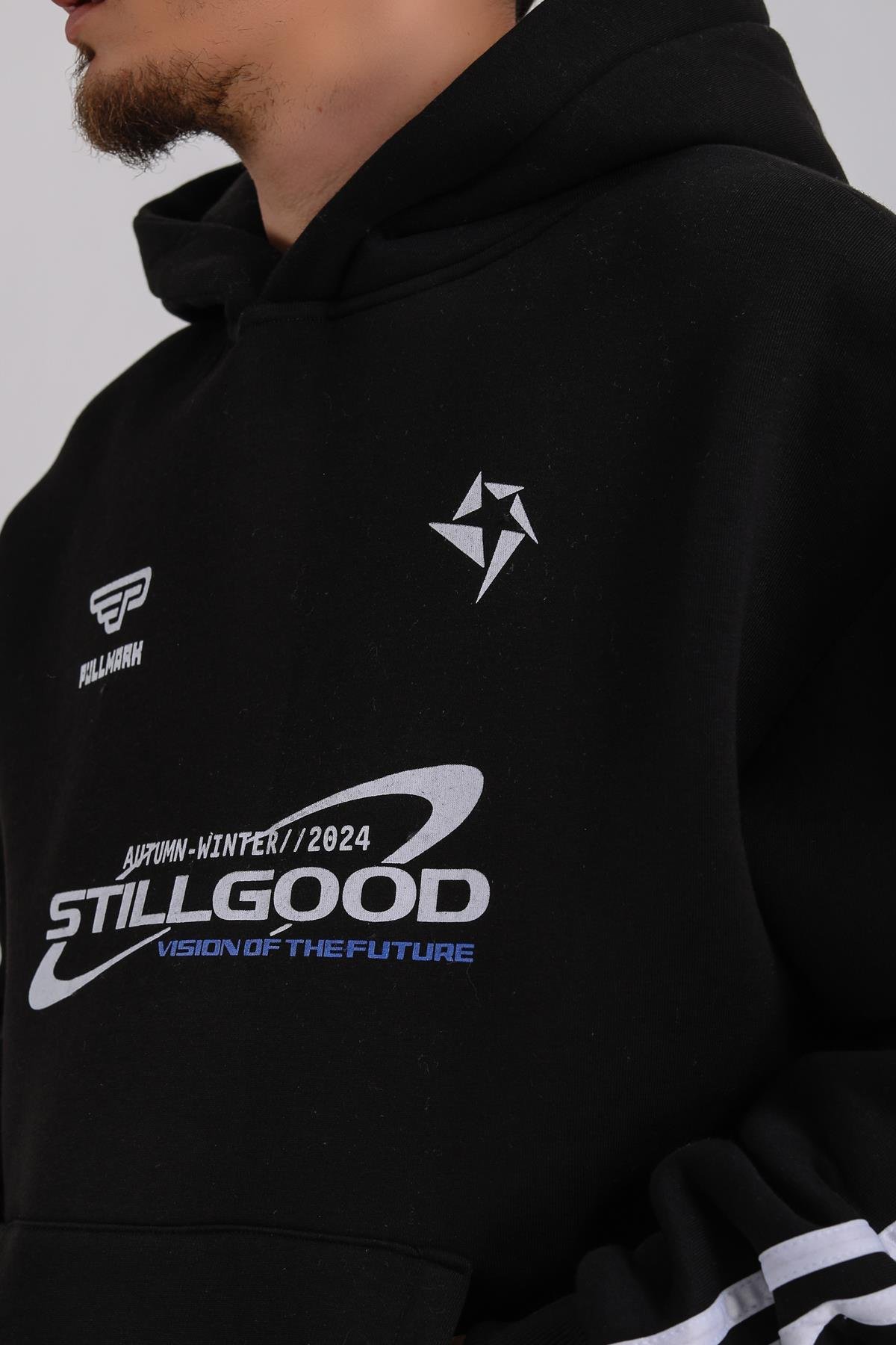 Stillgood Baskılı Şeritli Racing Siyah Oversize Hoodie SW1177