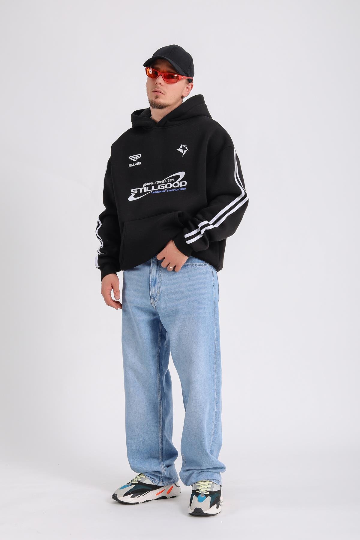 Stillgood Baskılı Şeritli Racing Siyah Oversize Hoodie SW1177