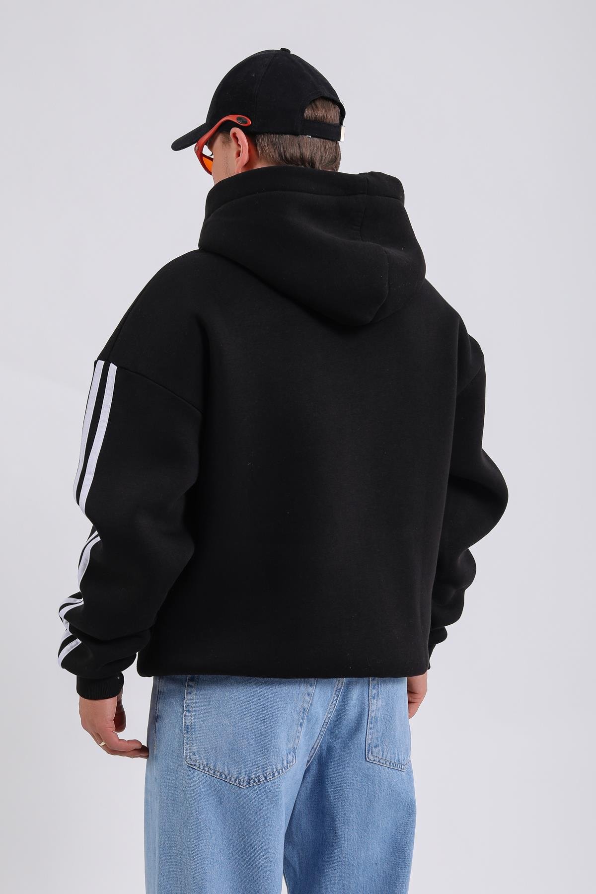 Stillgood Baskılı Şeritli Racing Siyah Oversize Hoodie SW1177
