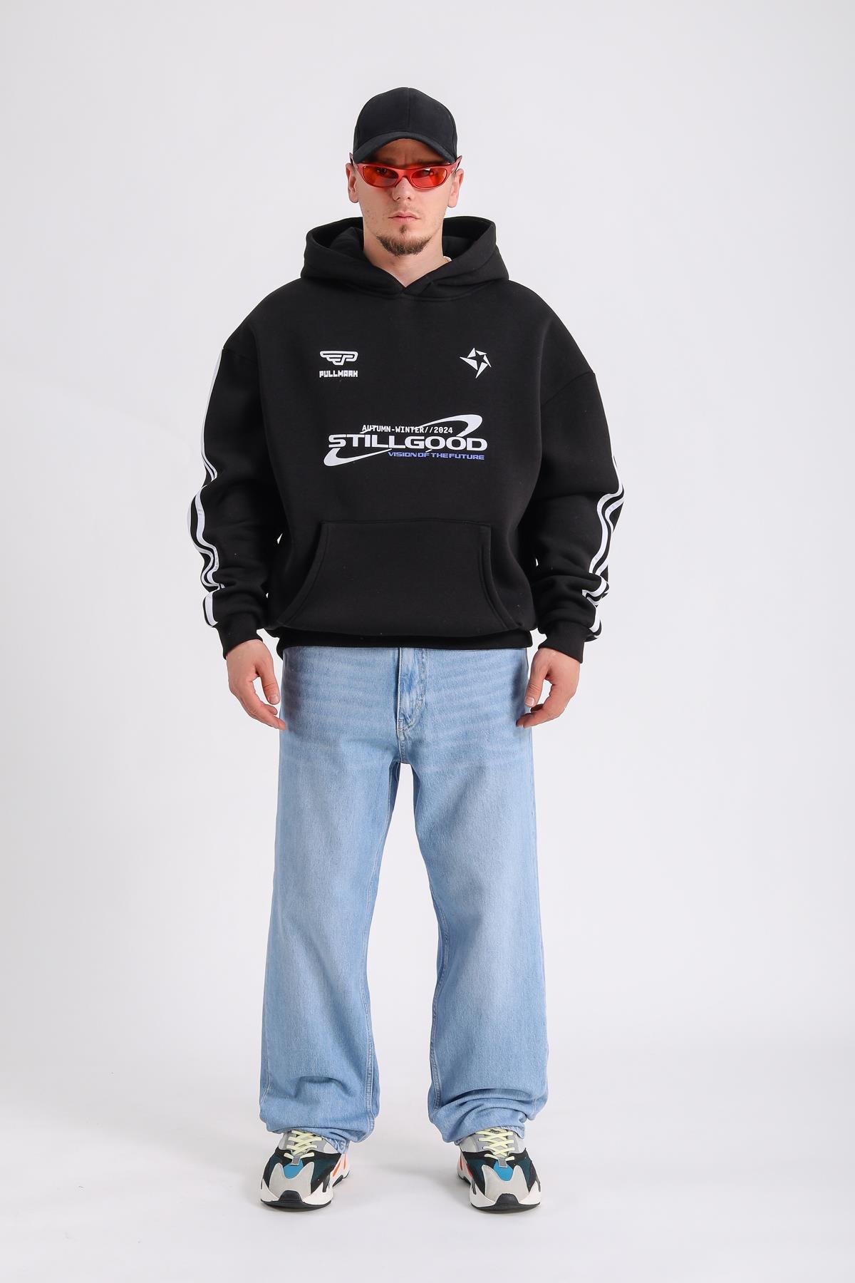 Stillgood Baskılı Şeritli Racing Siyah Oversize Hoodie SW1177