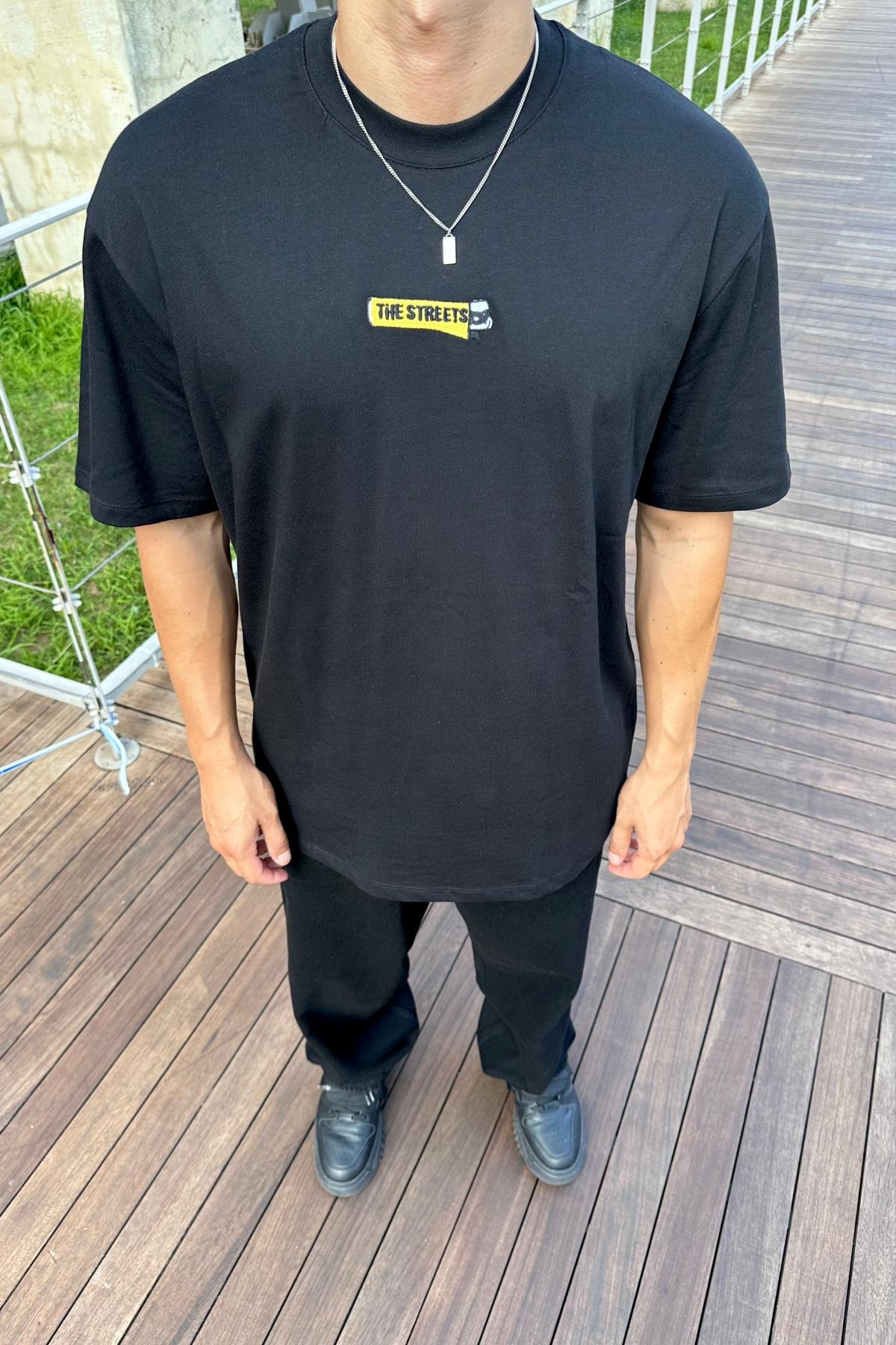 Street Nakışlı Siyah Oversize Tshirt T1161