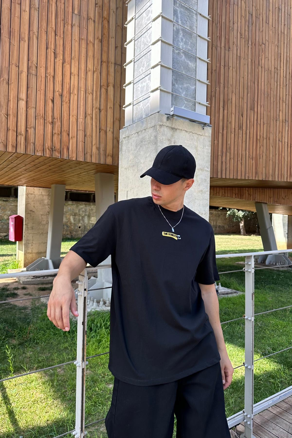 Street Nakışlı Siyah Oversize Tshirt T1161