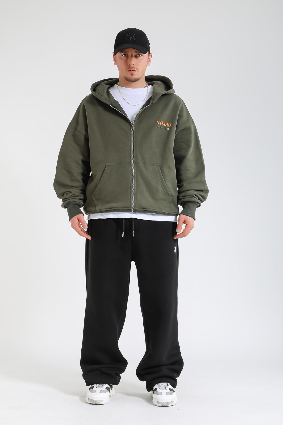 Studio 1991 Baskılı Yeşil Oversize Zipper Hoodie SW1384