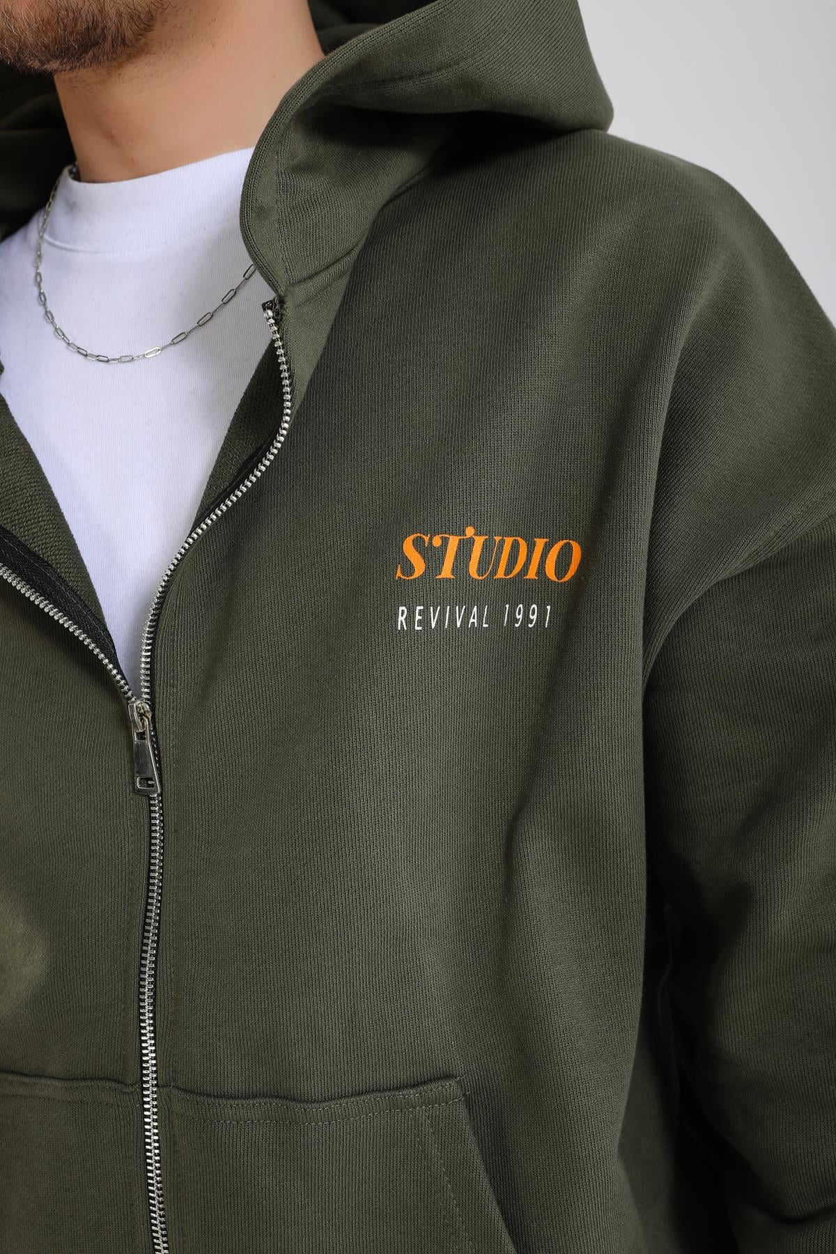 Studio 1991 Baskılı Yeşil Oversize Zipper Hoodie SW1384