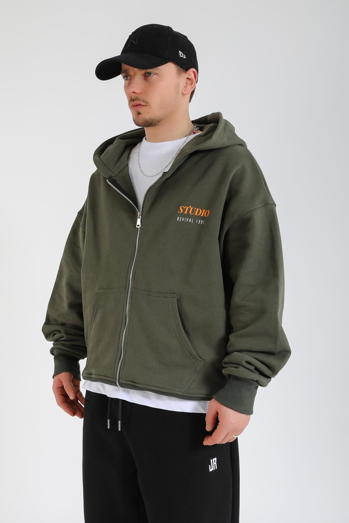 Studio 1991 Baskılı Yeşil Oversize Zipper Hoodie SW1384