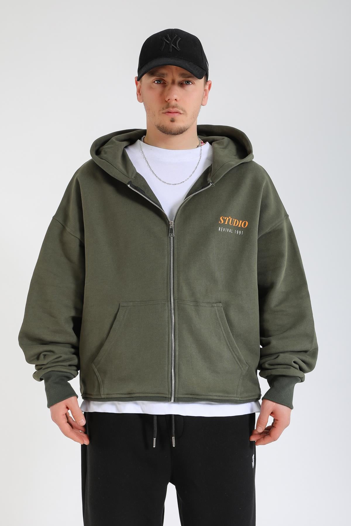 Studio 1991 Baskılı Yeşil Oversize Zipper Hoodie SW1384