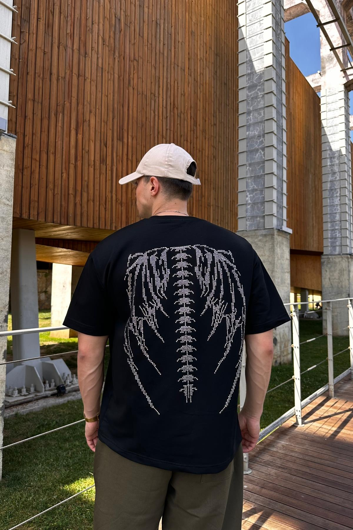 Taş Baskı Skeleton Siyah Oversize Tshirt T1086