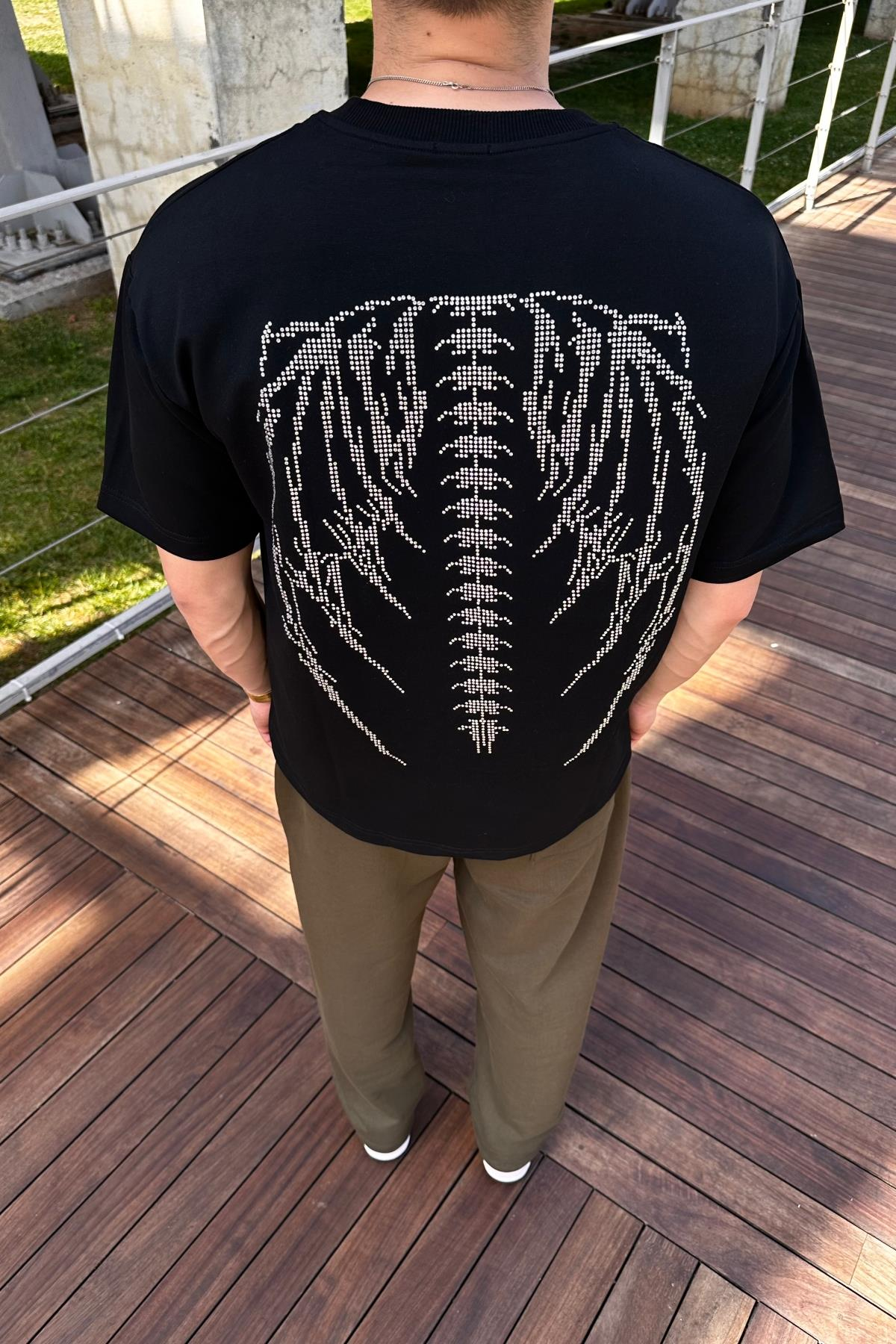 Taş Baskı Skeleton Siyah Oversize Tshirt T1086
