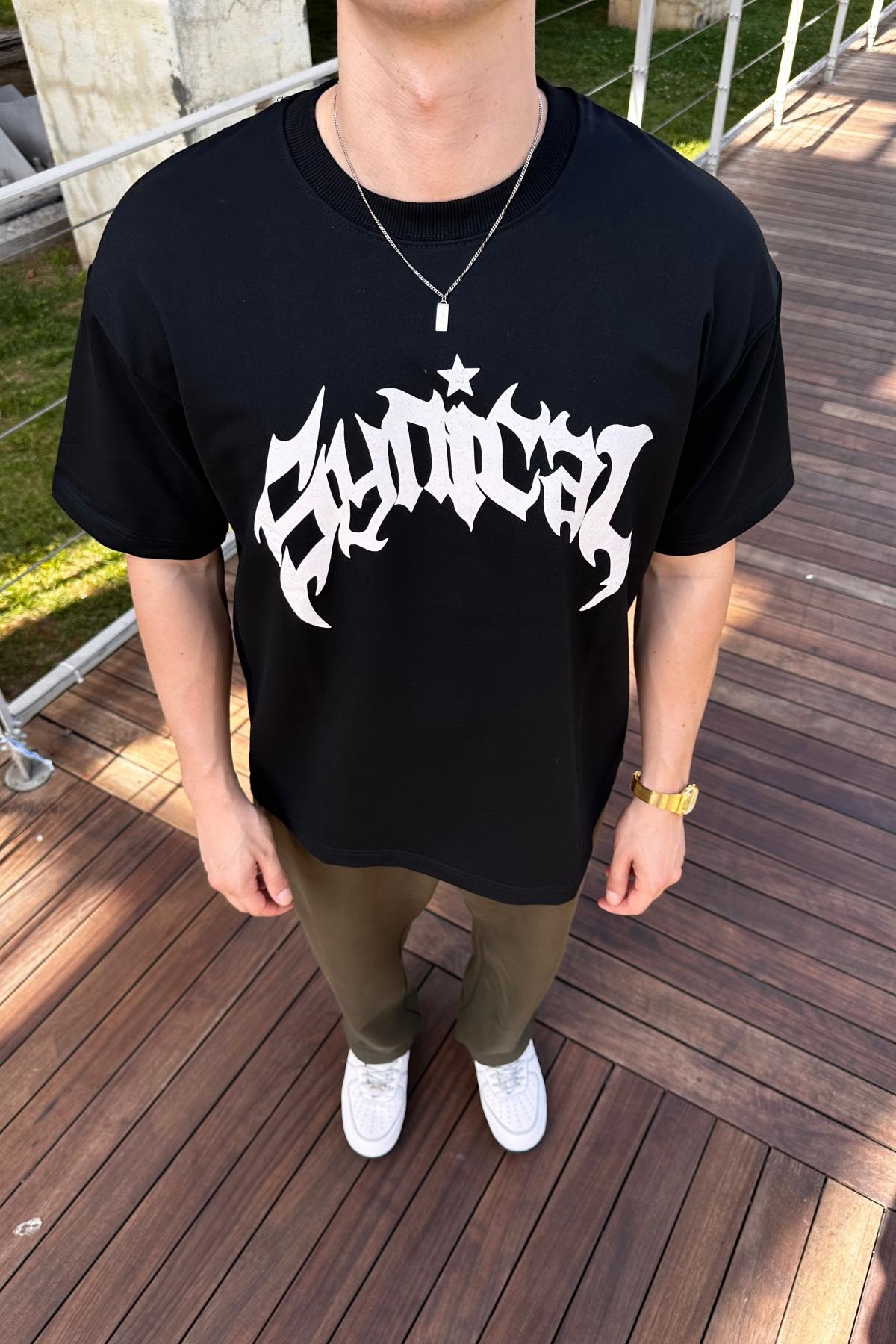Taş Baskı Skeleton Siyah Oversize Tshirt T1086