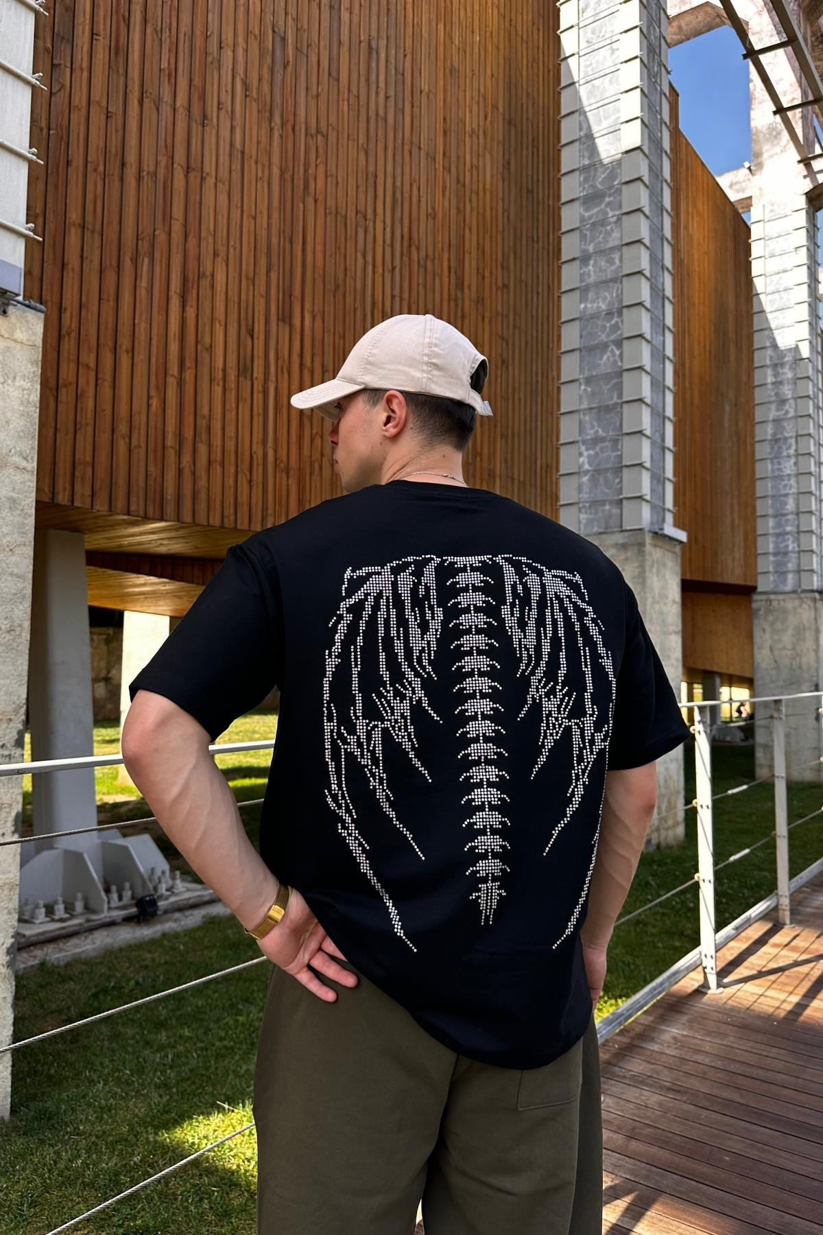 Taş Baskı Skeleton Siyah Oversize Tshirt T1086