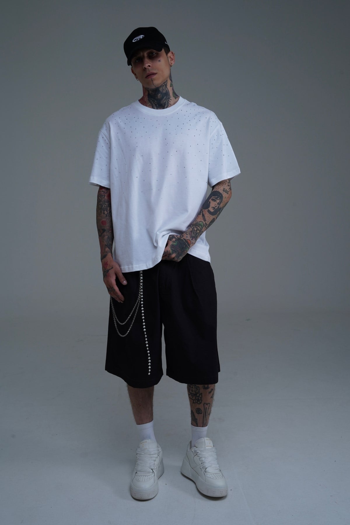 Taş Baskılı Beyaz Oversize Tshirt CT01 25CY087