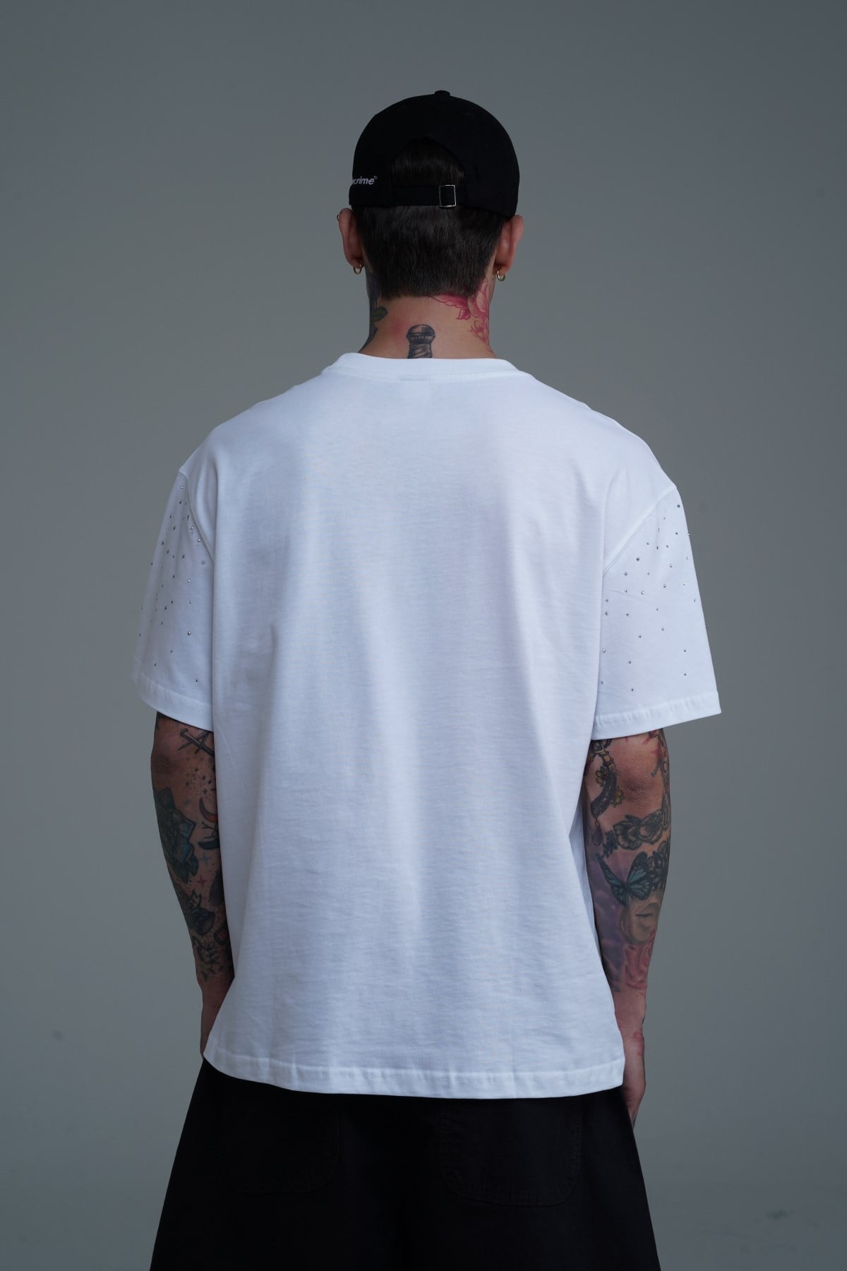 Taş Baskılı Beyaz Oversize Tshirt CT01 25CY087