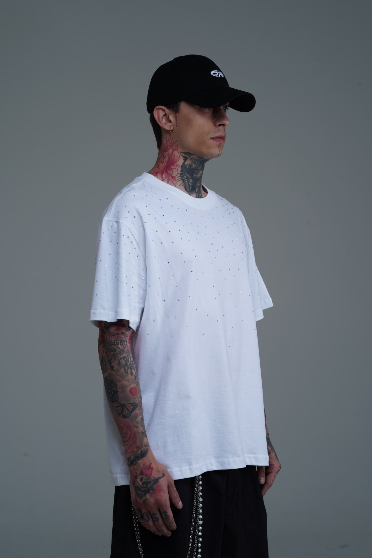 Taş Baskılı Beyaz Oversize Tshirt CT01 25CY087