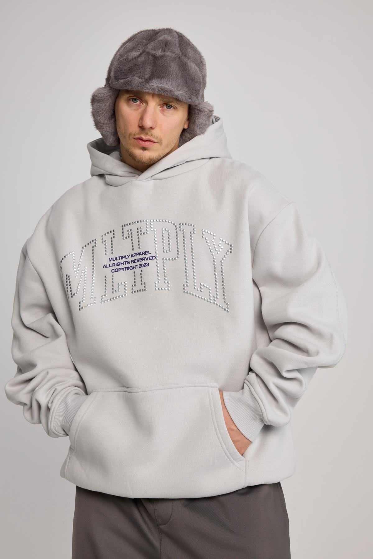 Taş Baskılı Oversize Multiply Gri Hoodie